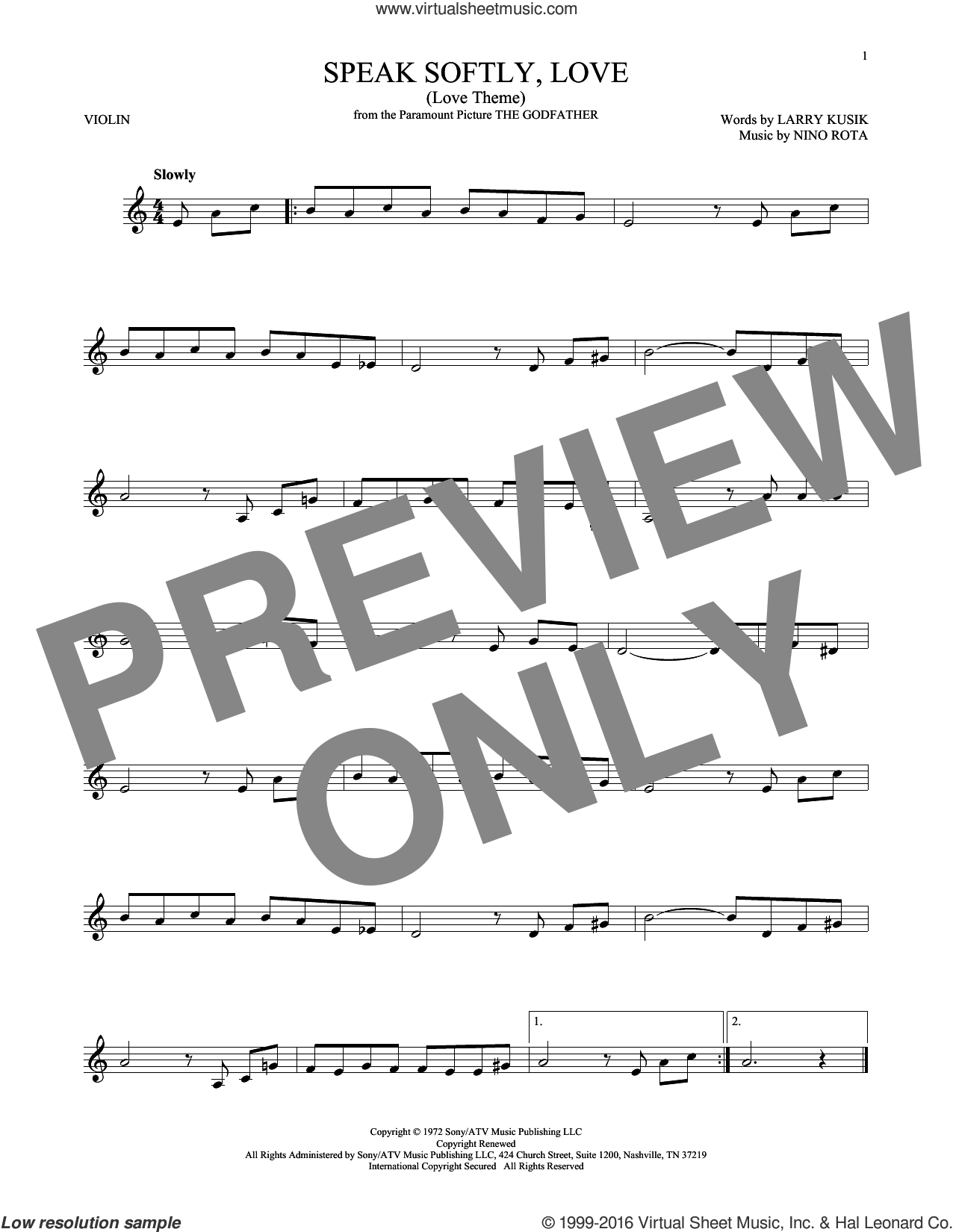 Speak Softly Love Love Theme Sheet Music For Violin Solo Pdf