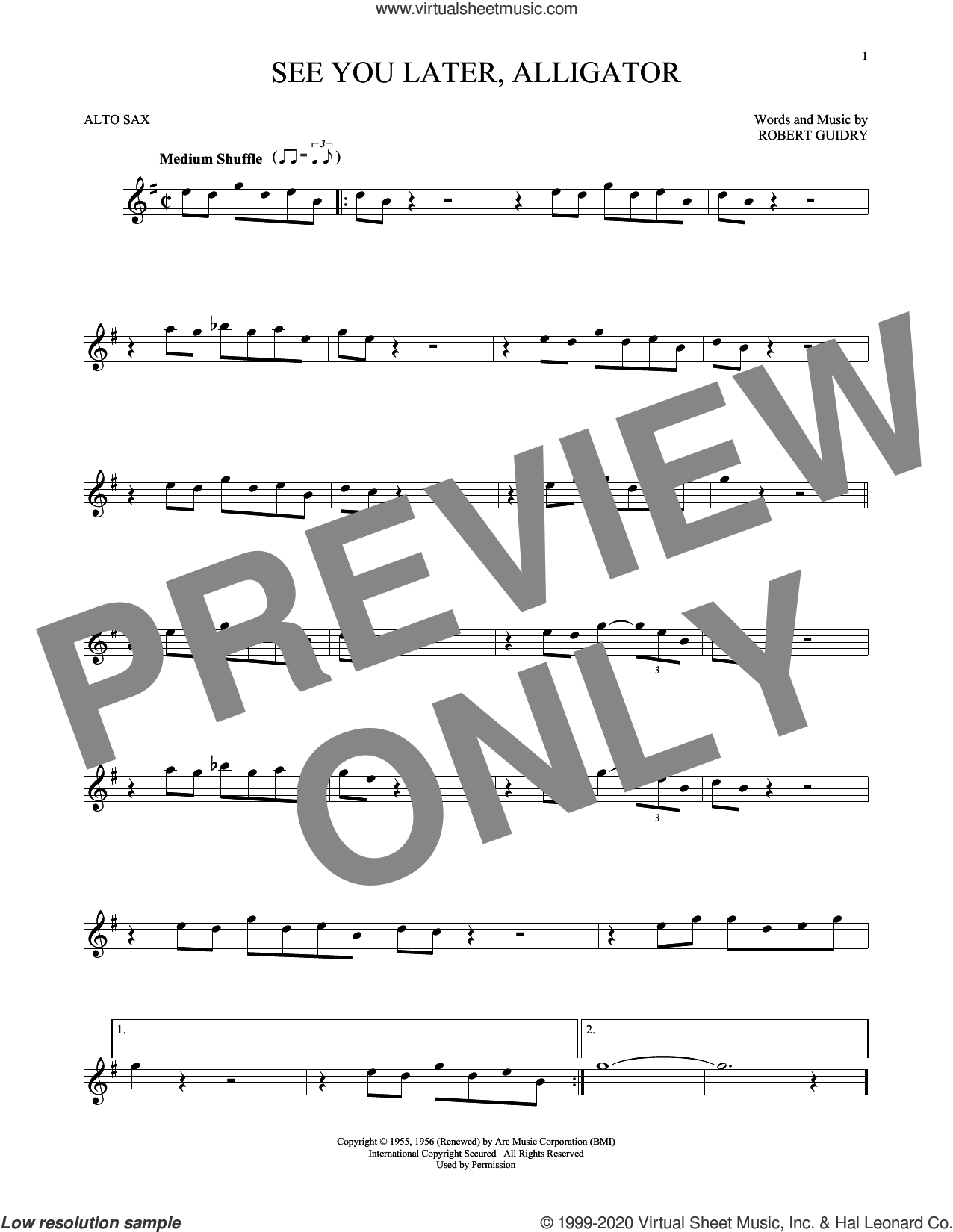 Comets See You Later Alligator Sheet Music For Alto Saxophone Solo