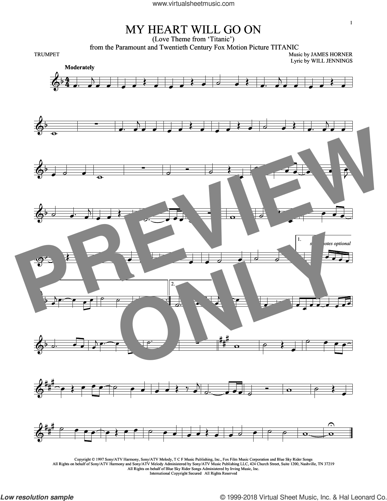 My Heart Will Go On (Love Theme From Titanic) sheet music for trumpet solo