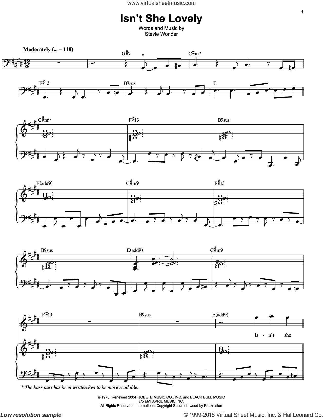 Download & Print Isn't She Lovely for keyboard or piano by Stevie ...