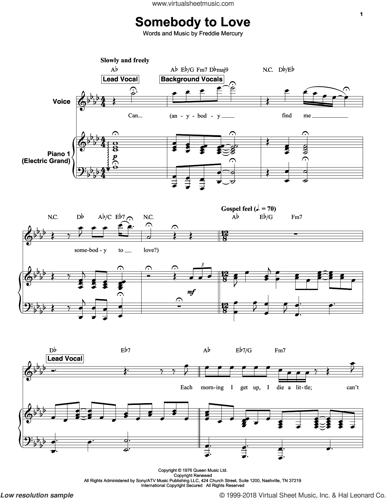 Free sheet music preview of Somebody To Love for keyboard or piano by Queen...