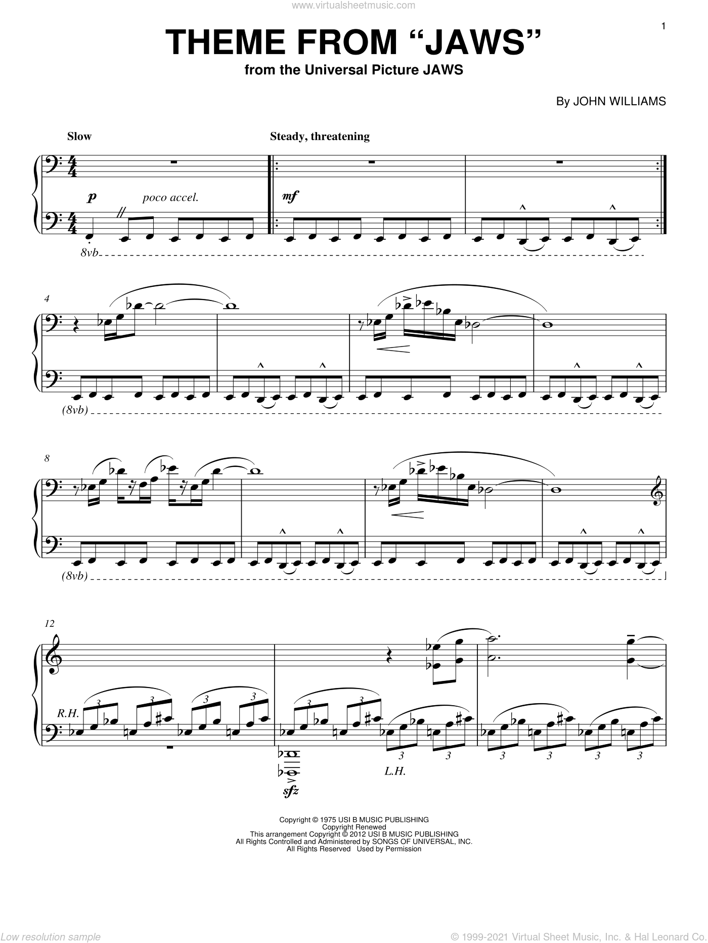 Williams Theme From Jaws Intermediate Sheet Music For Piano Solo