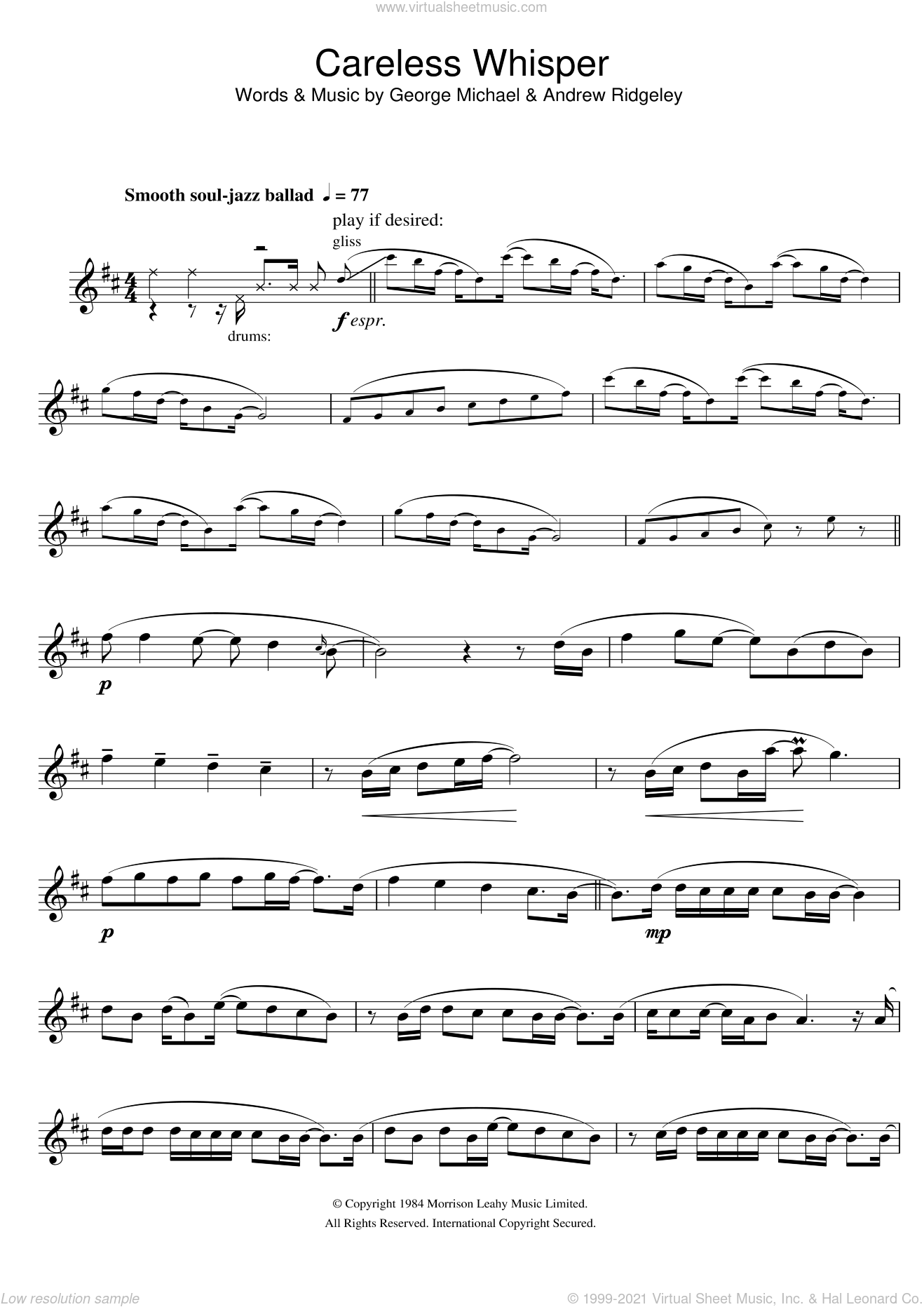 Careless Whisper sheet music for alto saxophone solo (PDF)