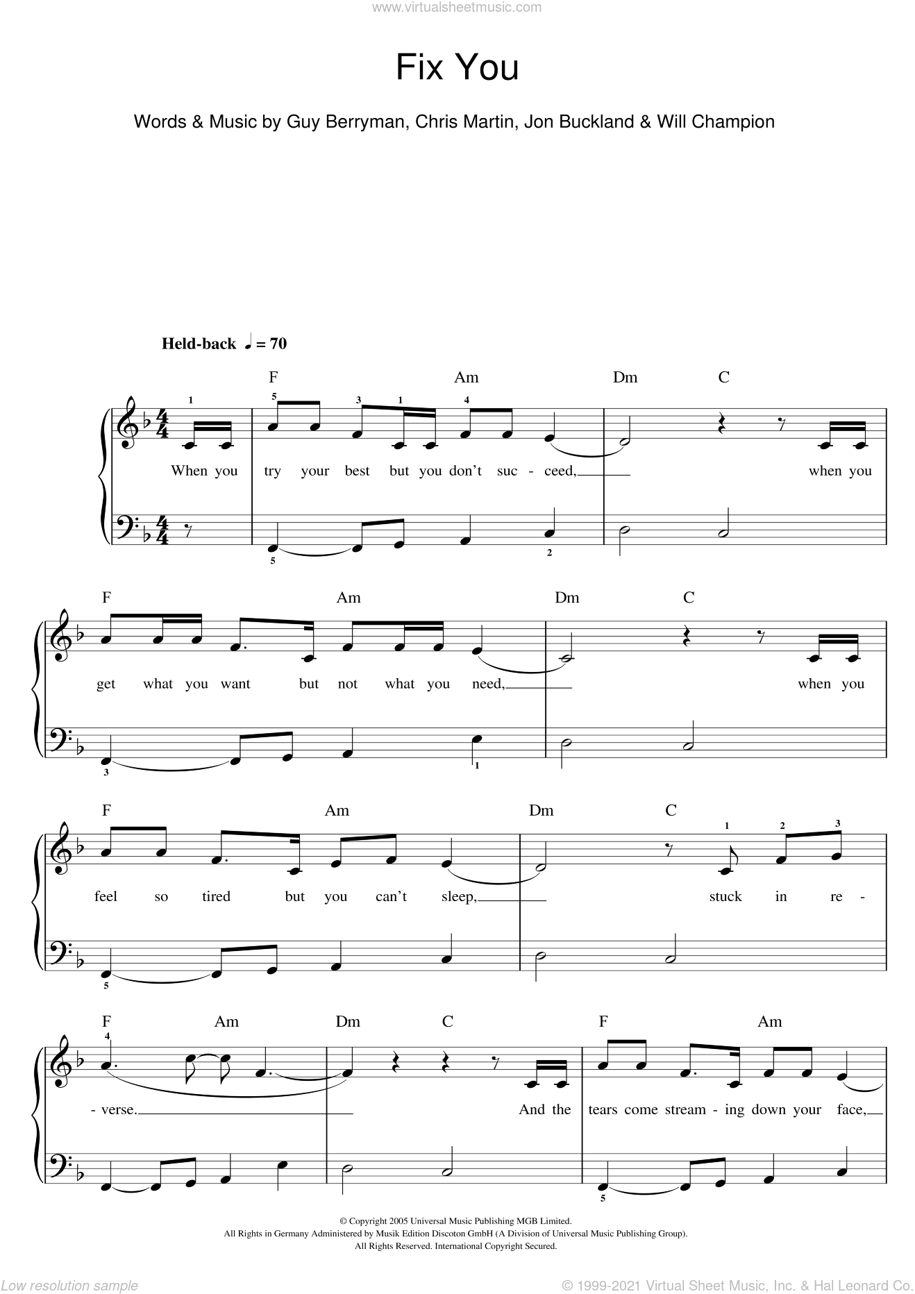 Coldplay - Fix You sheet music (beginner) for piano solo (beginners)