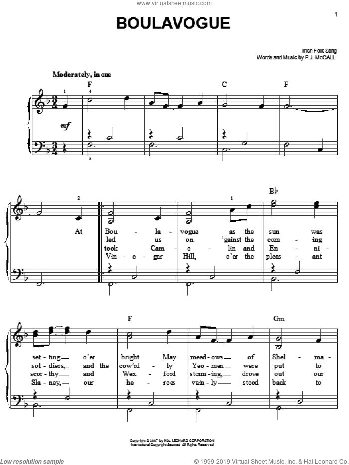 Boulavogue sheet music for piano solo (PDF-interactive)