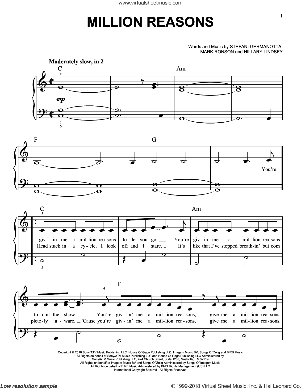 Gaga Million Reasons Easy Sheet Music For Piano Solo Pdf