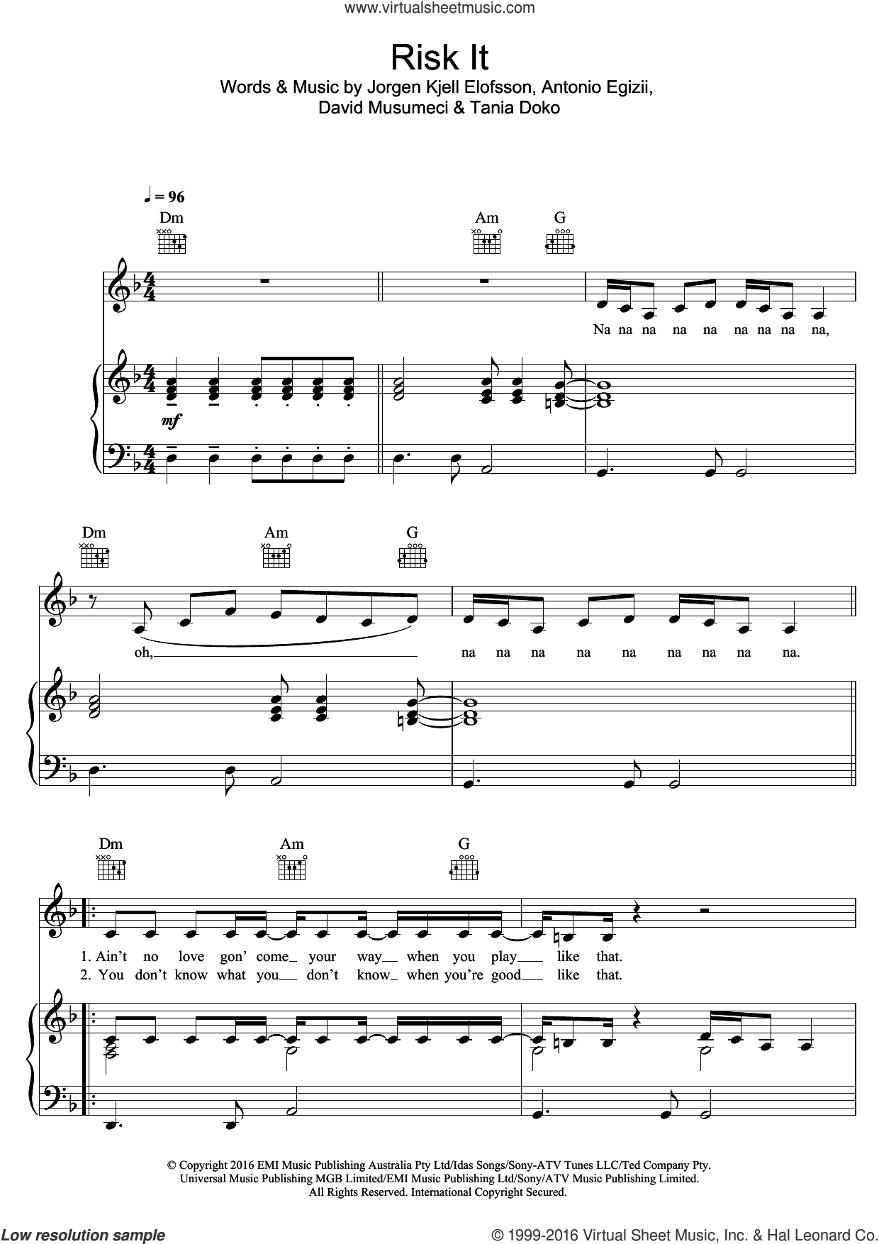 Risk It sheet music for voice, piano or guitar (PDF-interactive)