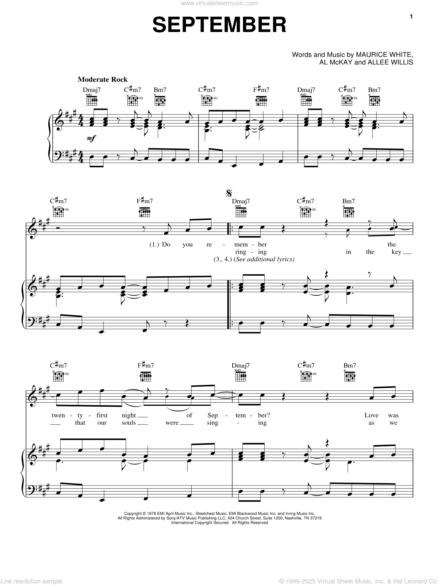 Earth Wind Fire September Sheet Music For Voice Piano Or Guitar