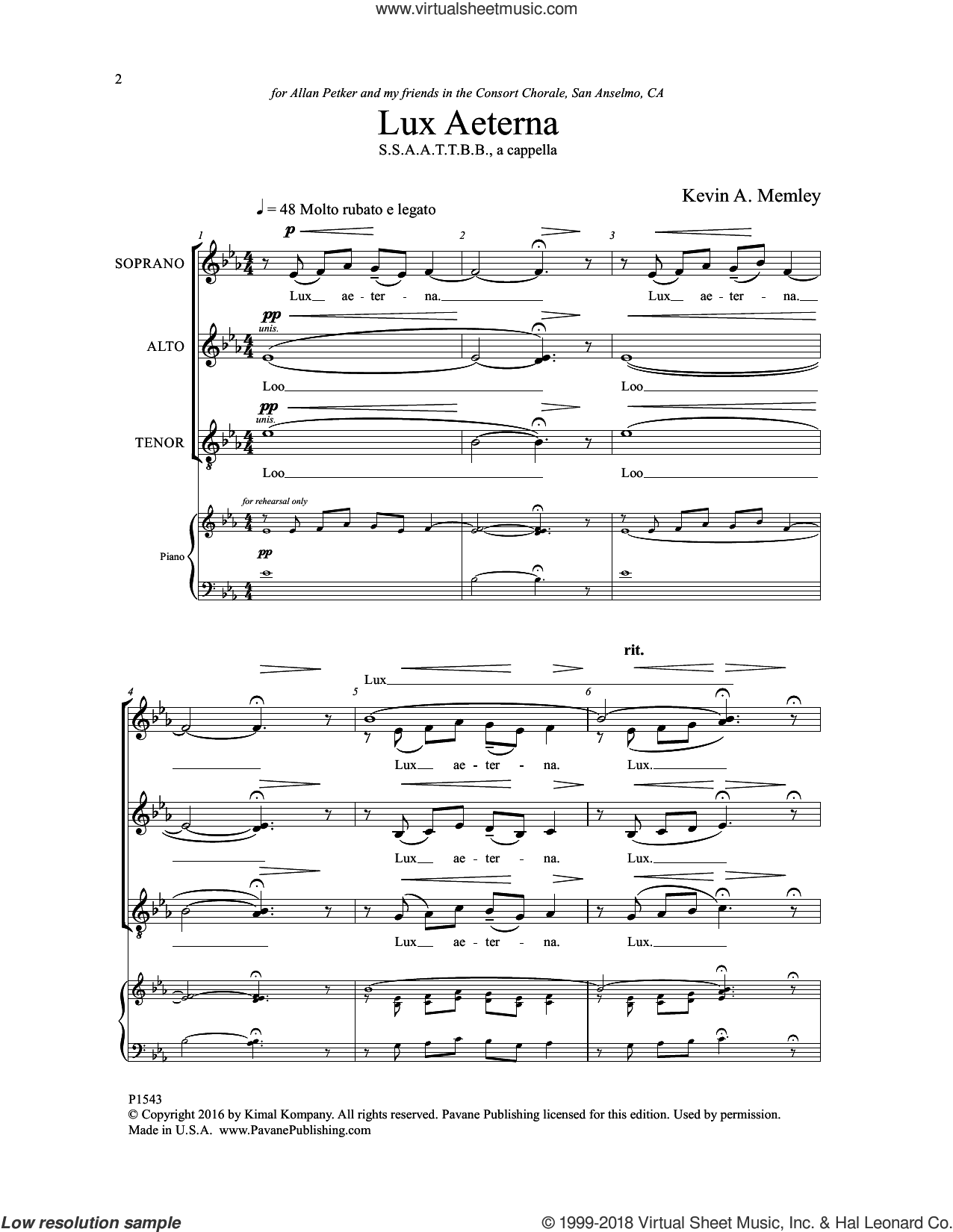 Lux Aeterna sheet music for choir SSAATTBB PDF