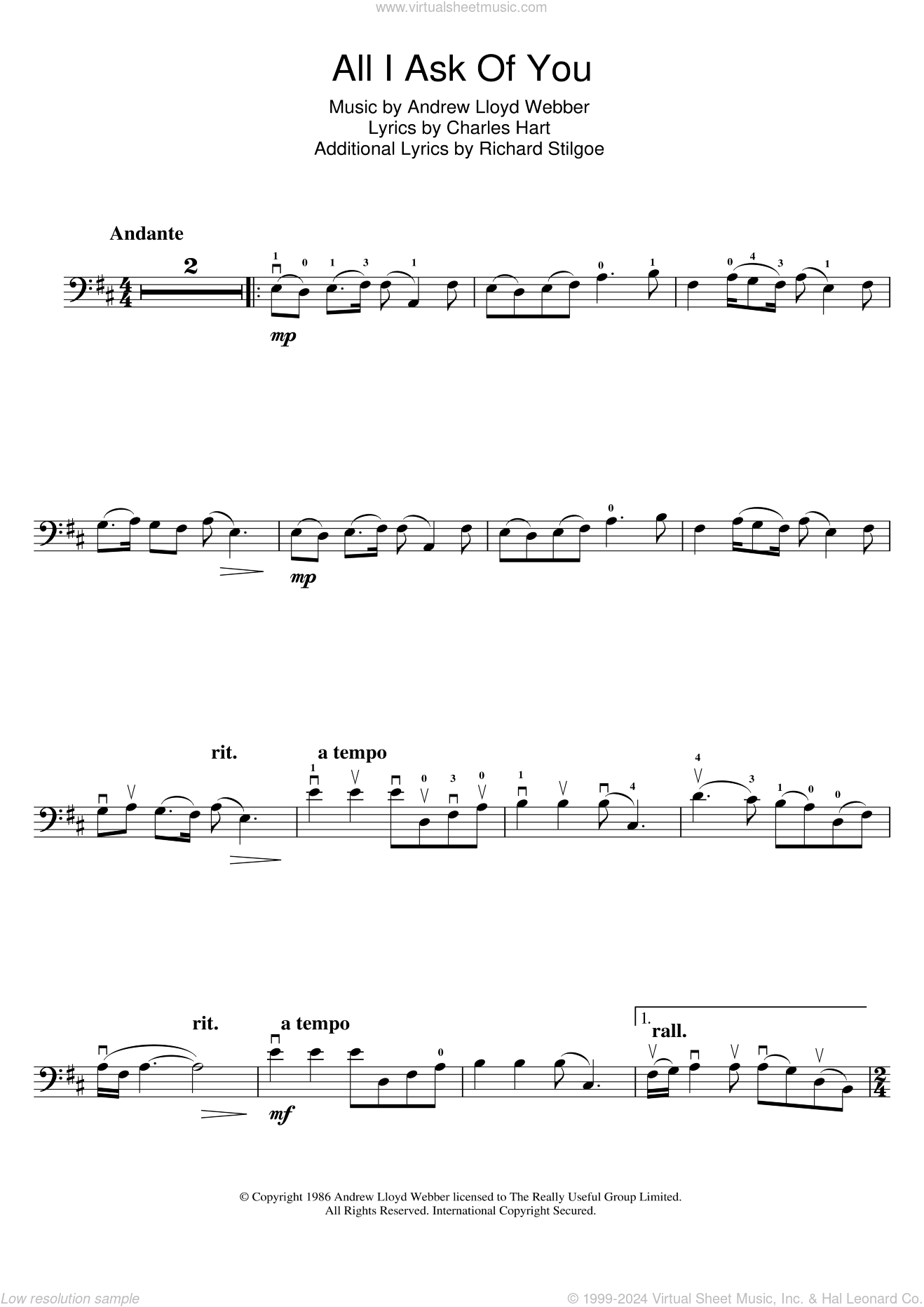 All I Ask Of You From The Phantom Of The Opera Sheet Music For Cello