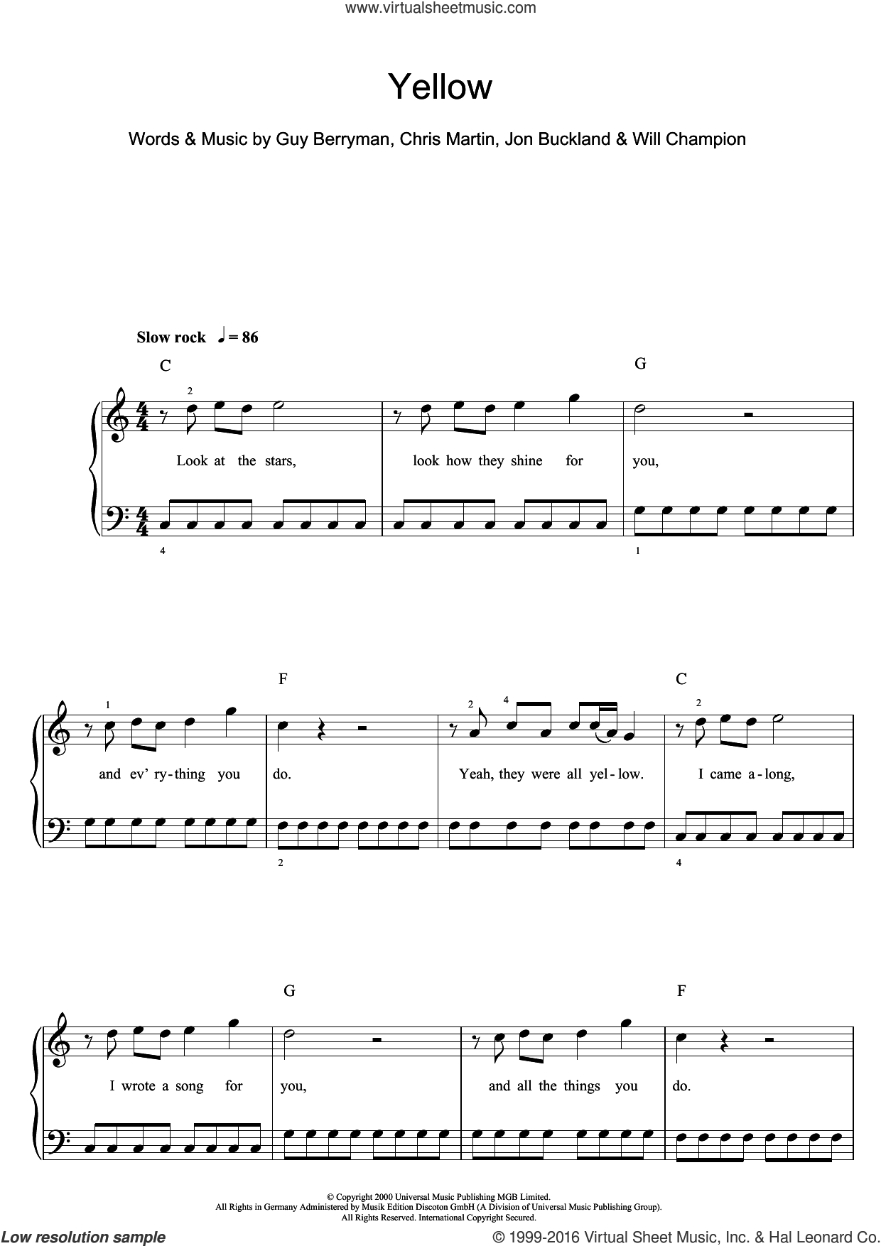 Coldplay - Yellow sheet music (beginner) for piano solo (beginners)