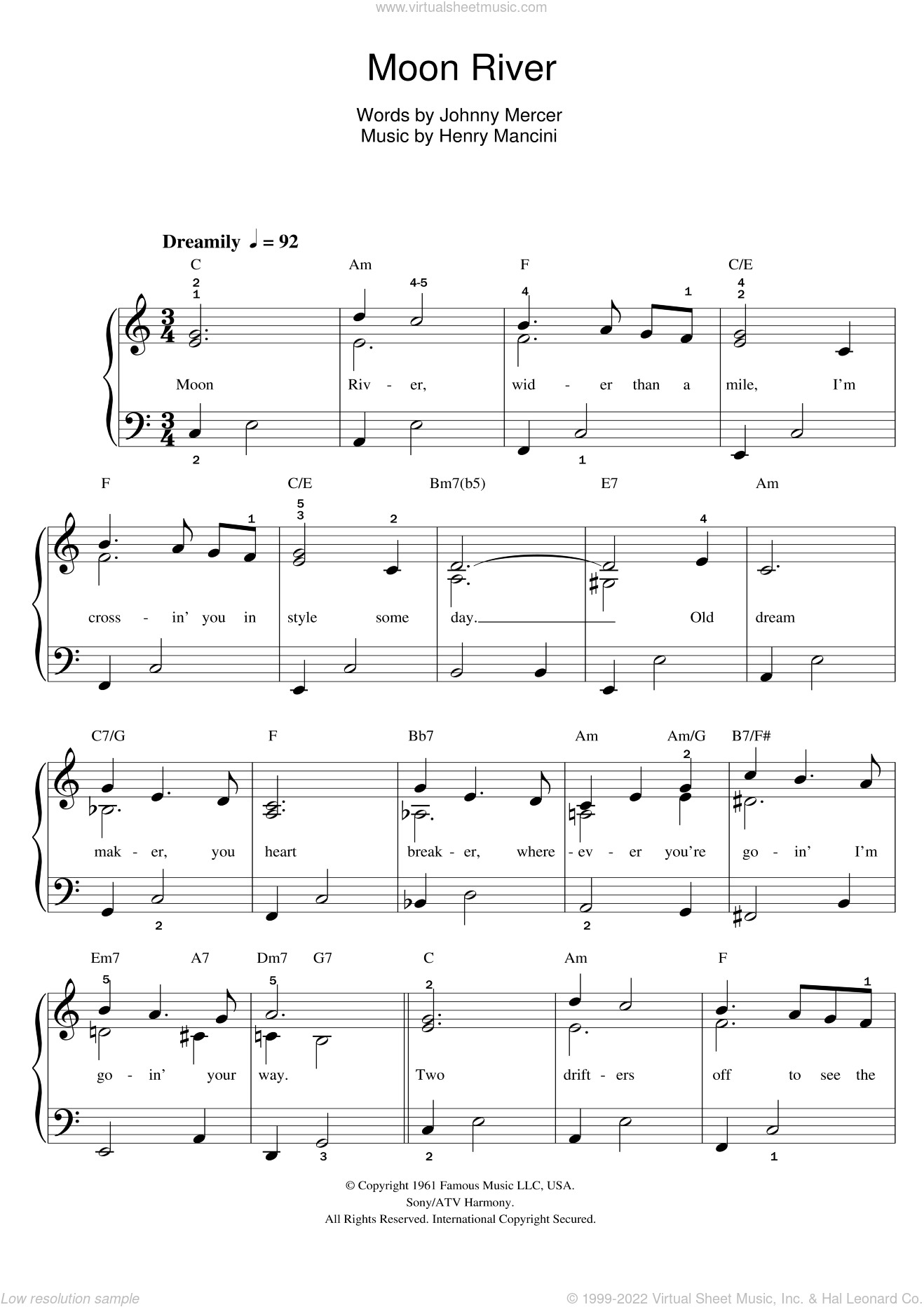 Sinatra - Moon River sheet music for piano solo (beginners) [PDF]