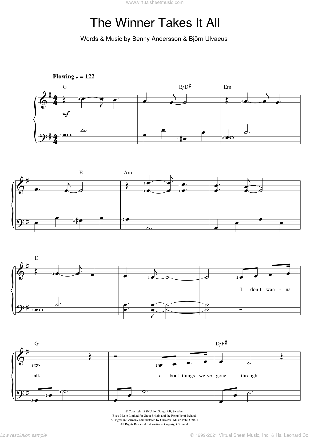 ABBA - The Winner Takes It All sheet music for voice and piano