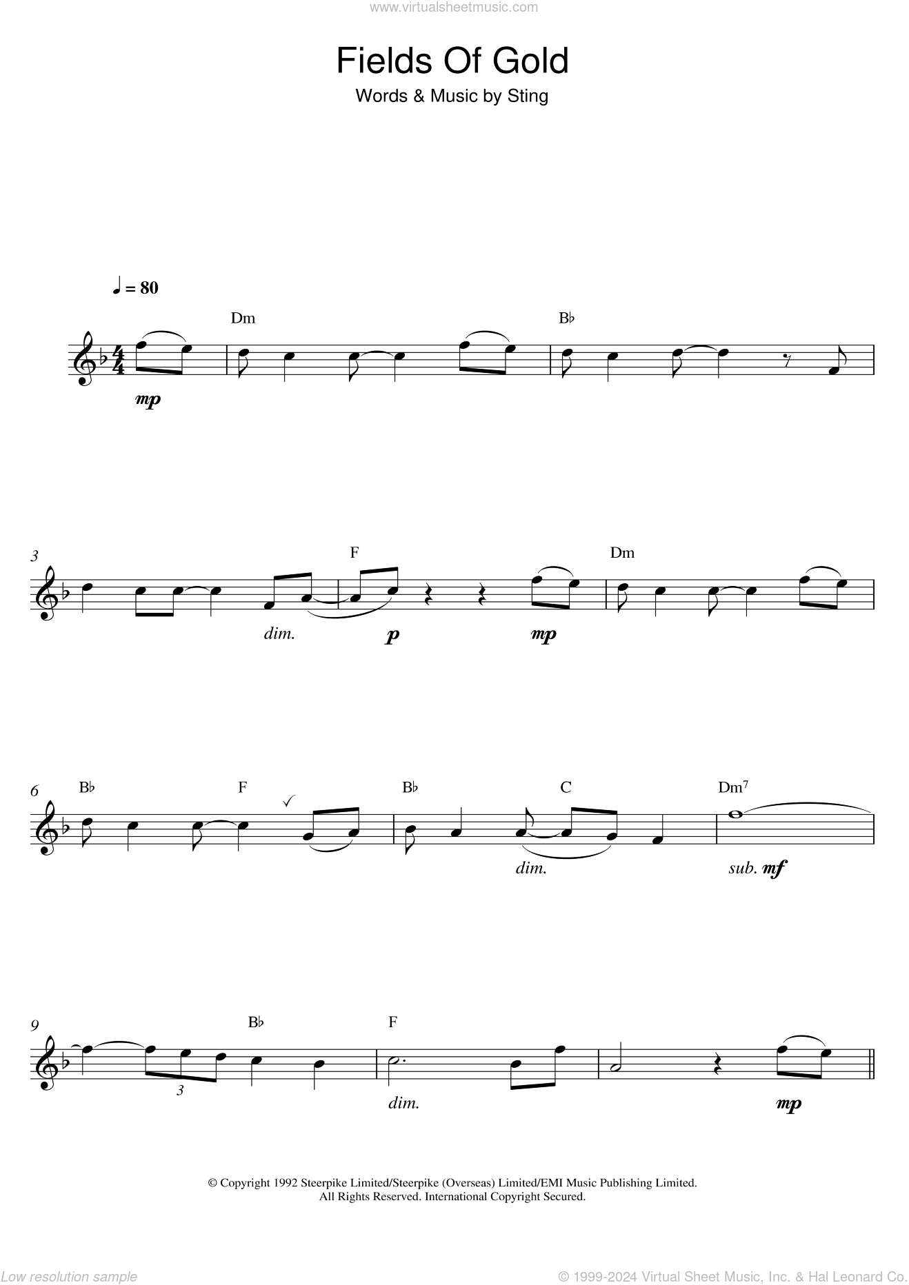 Sting Fields Of Gold sheet music for alto saxophone solo v2