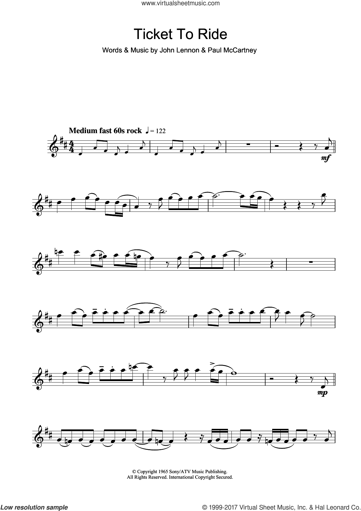 Beatles Ticket To Ride sheet music for alto saxophone solo