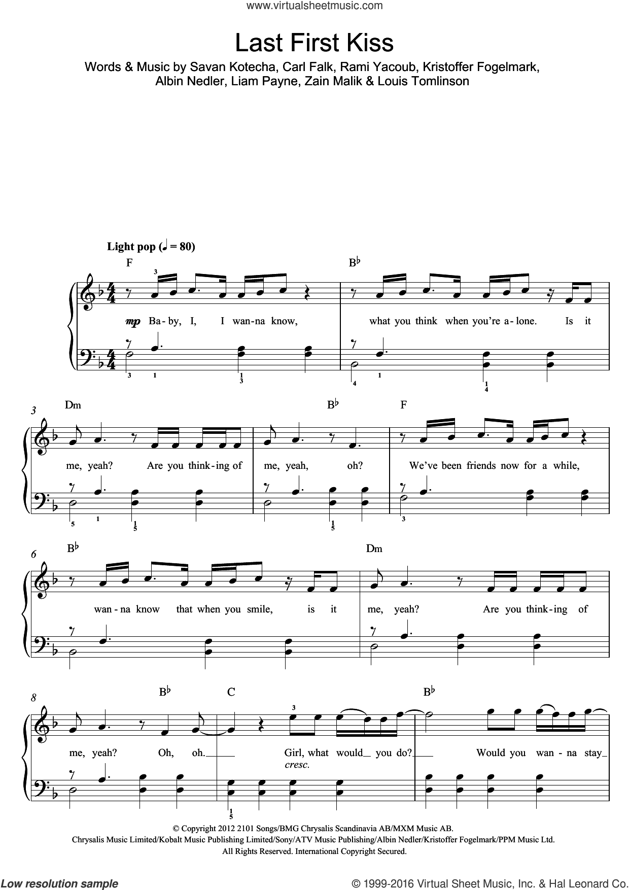 Direction Last First Kiss Sheet Music For Piano Solo Beginners