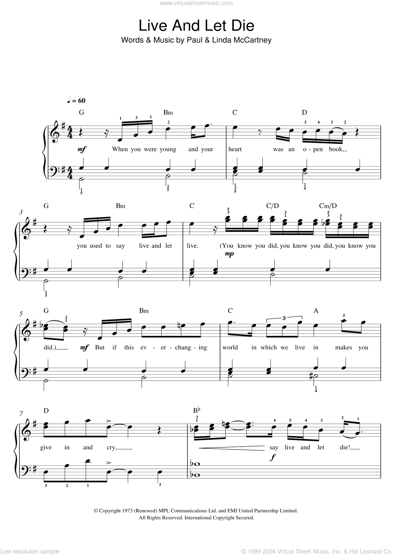 Live And Let Die, (easy) sheet music for piano solo (PDF)