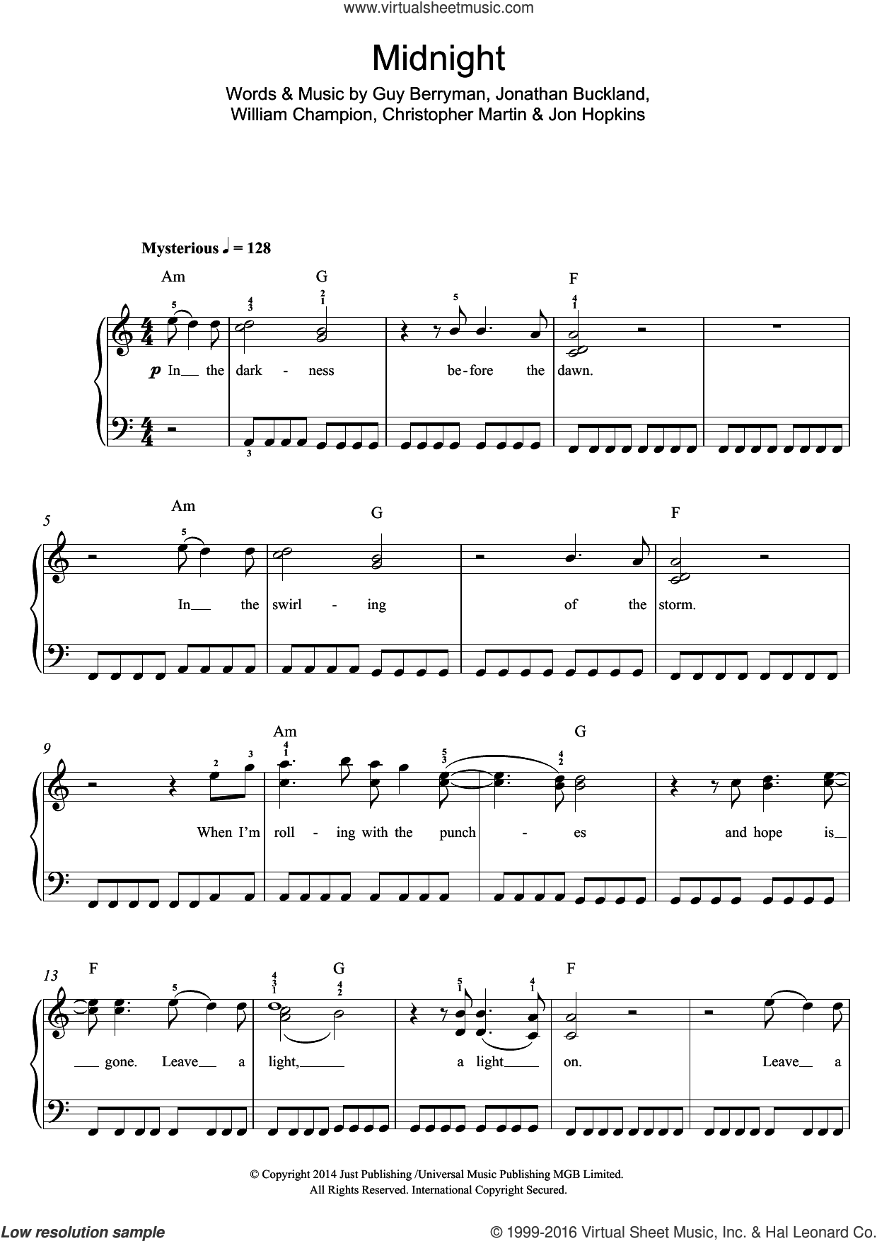 Coldplay - Midnight sheet music for piano solo (beginners) [PDF]