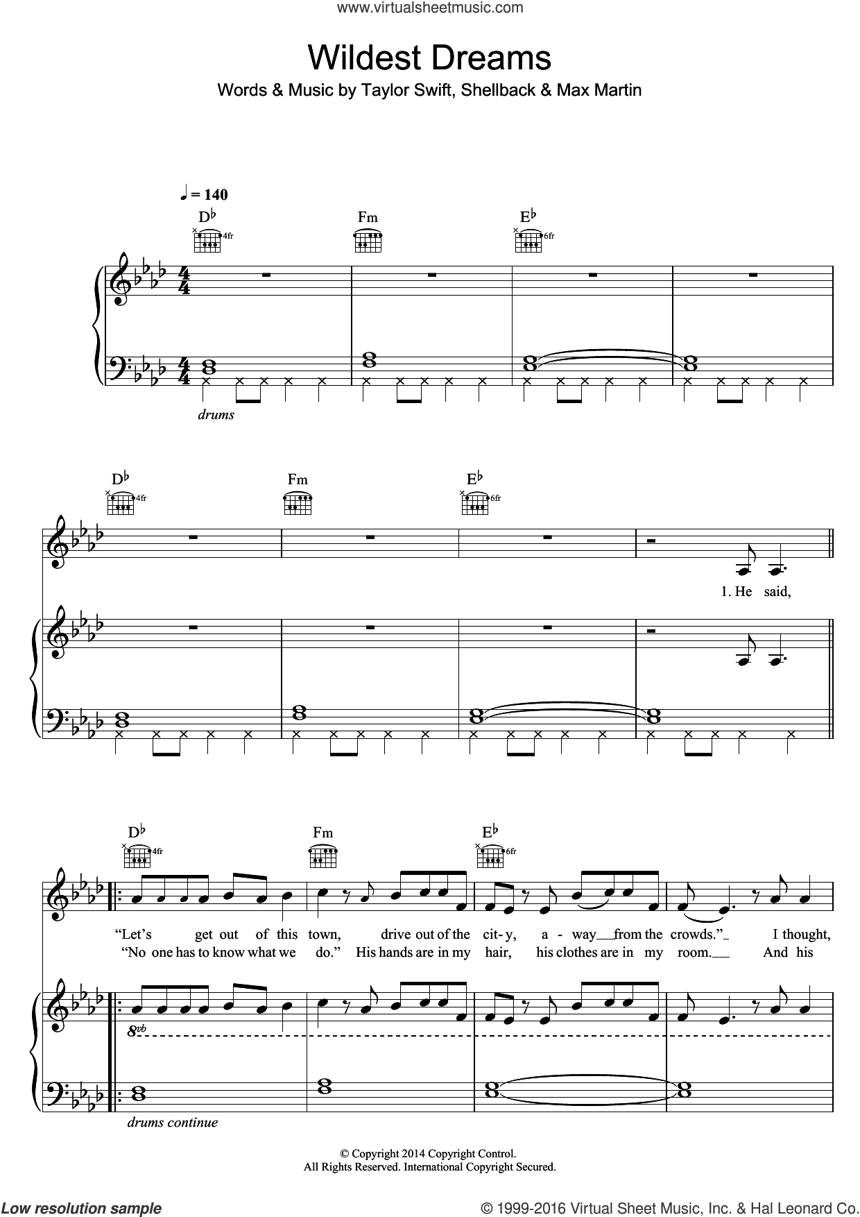 Swift - Wildest Dreams sheet music for voice, piano or guitar v2