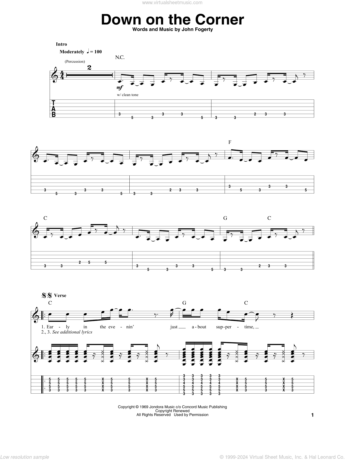 Down On The Corner sheet music for guitar (tablature, playalong) v2