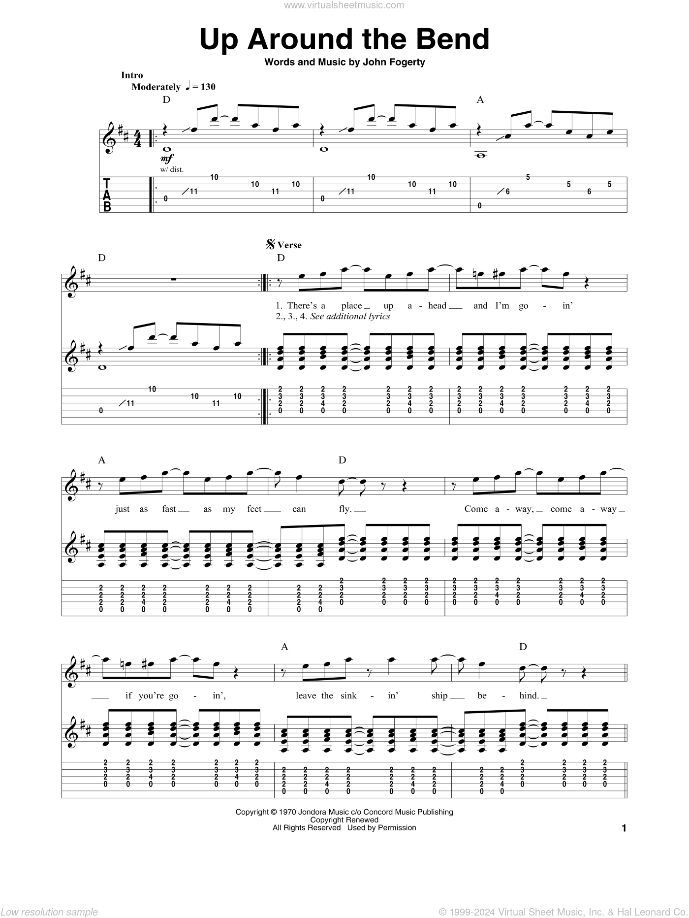 Up Around The Bend sheet music for guitar (tablature, play-along)