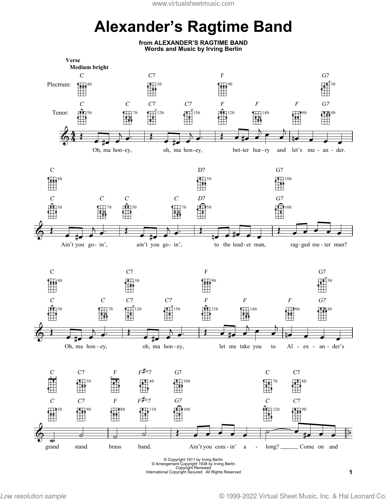 Alexander's Ragtime Band sheet music for banjo solo (PDF)