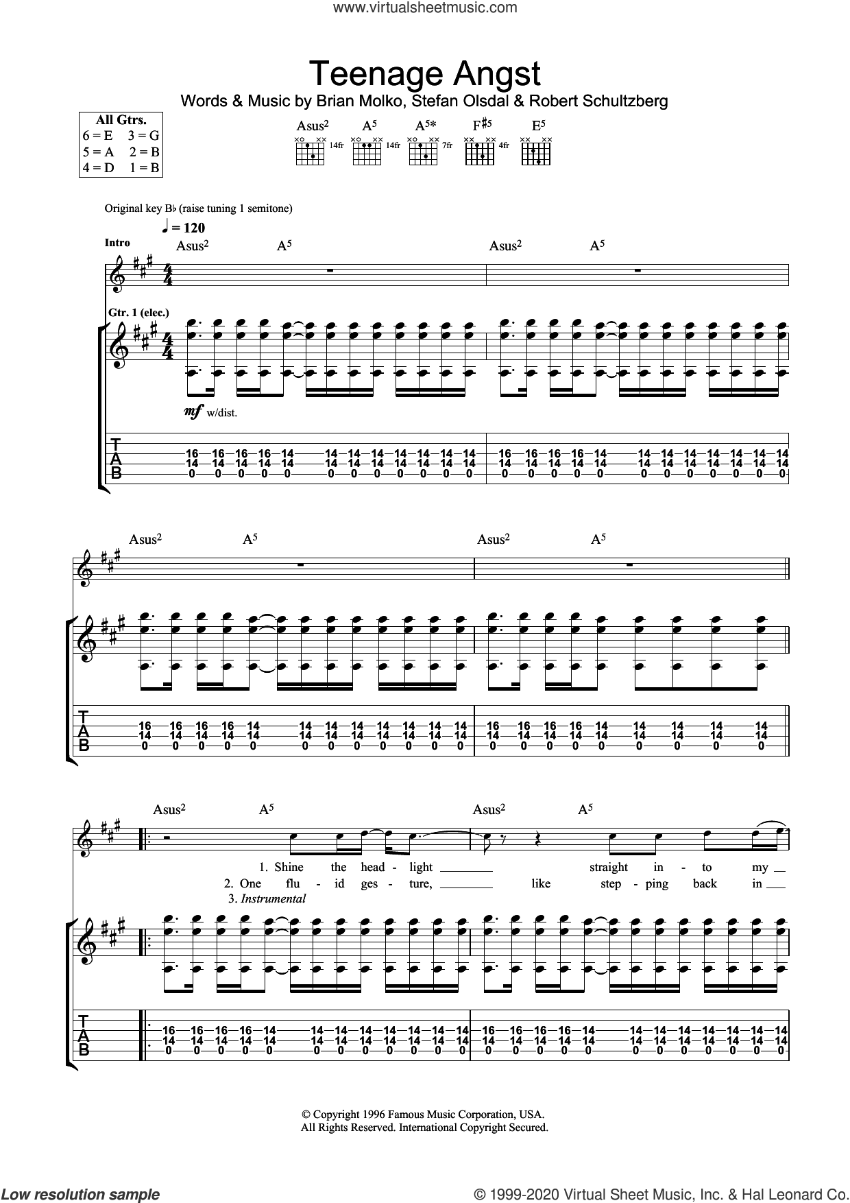 Placebo - Teenage Angst sheet music for guitar (tablature) [PDF]