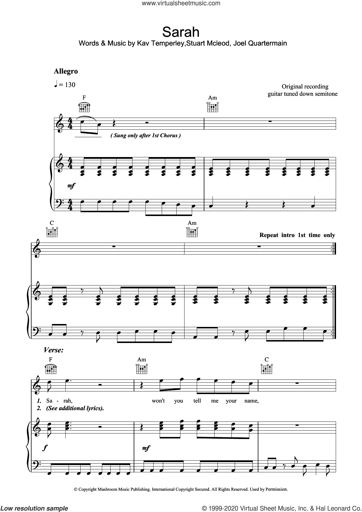 Eskimo Joe: Sarah sheet music for voice, piano or guitar (PDF)