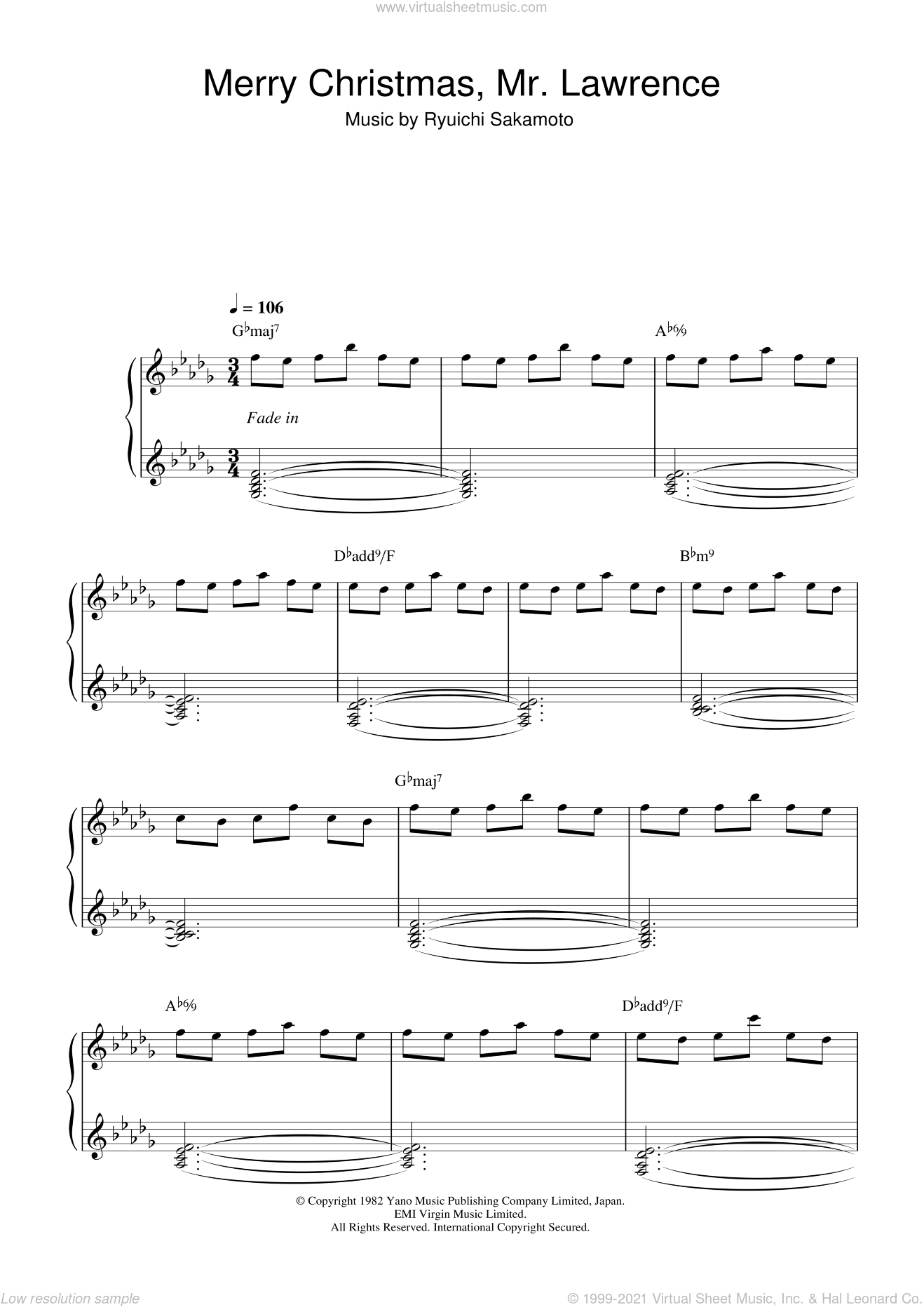 Sakamoto - Merry Christmas, Mr. Lawrence sheet music for piano solo