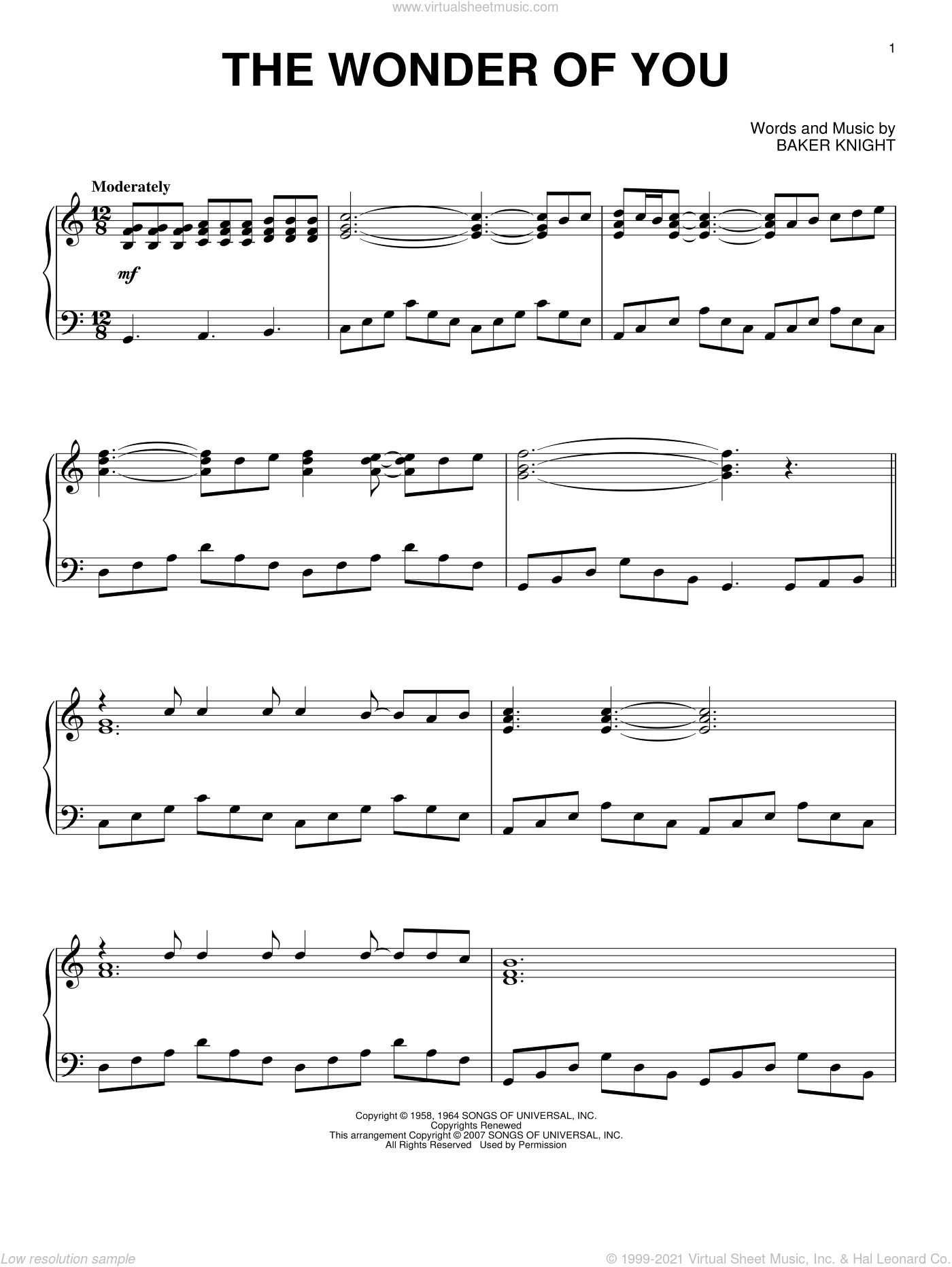 Presley - The Wonder Of You sheet music for piano solo (PDF)