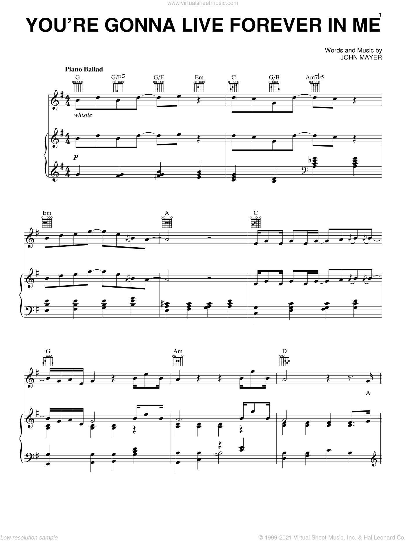 Mayer You Re Gonna Live Forever In Me Sheet Music For Voice Piano Or Guitar - whistle roblox piano