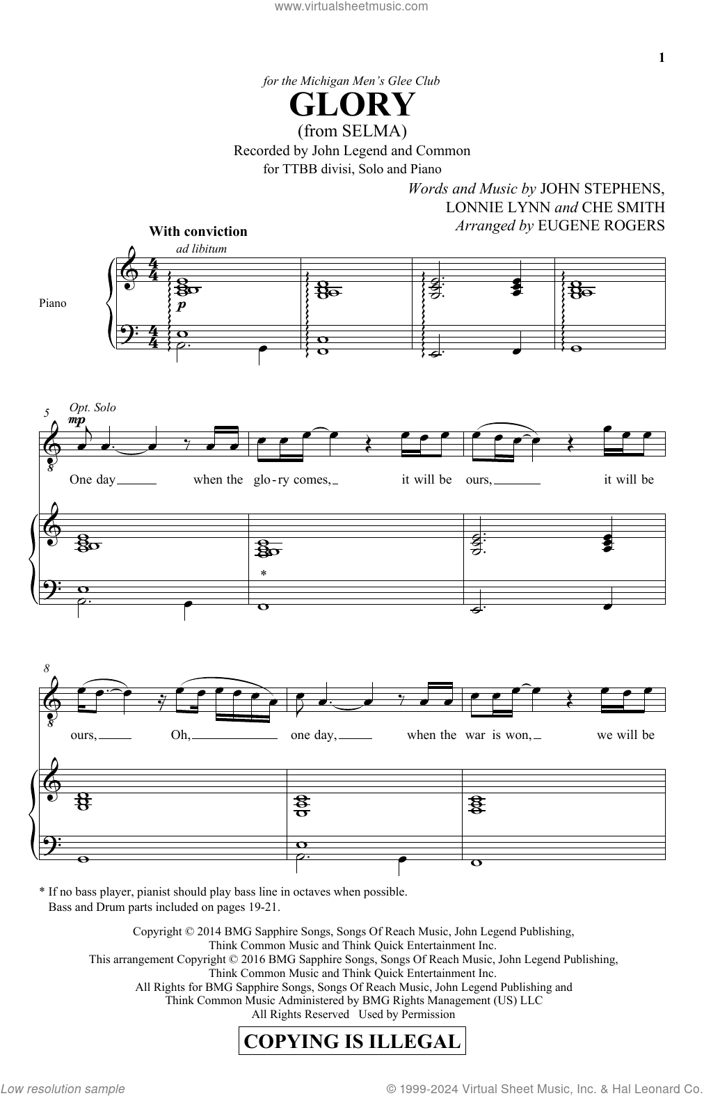 Glory From The Motion Picture Selma Lyrics Glory (from Selma) (arr. Eugene Rogers) sheet music for choir (TTBB
