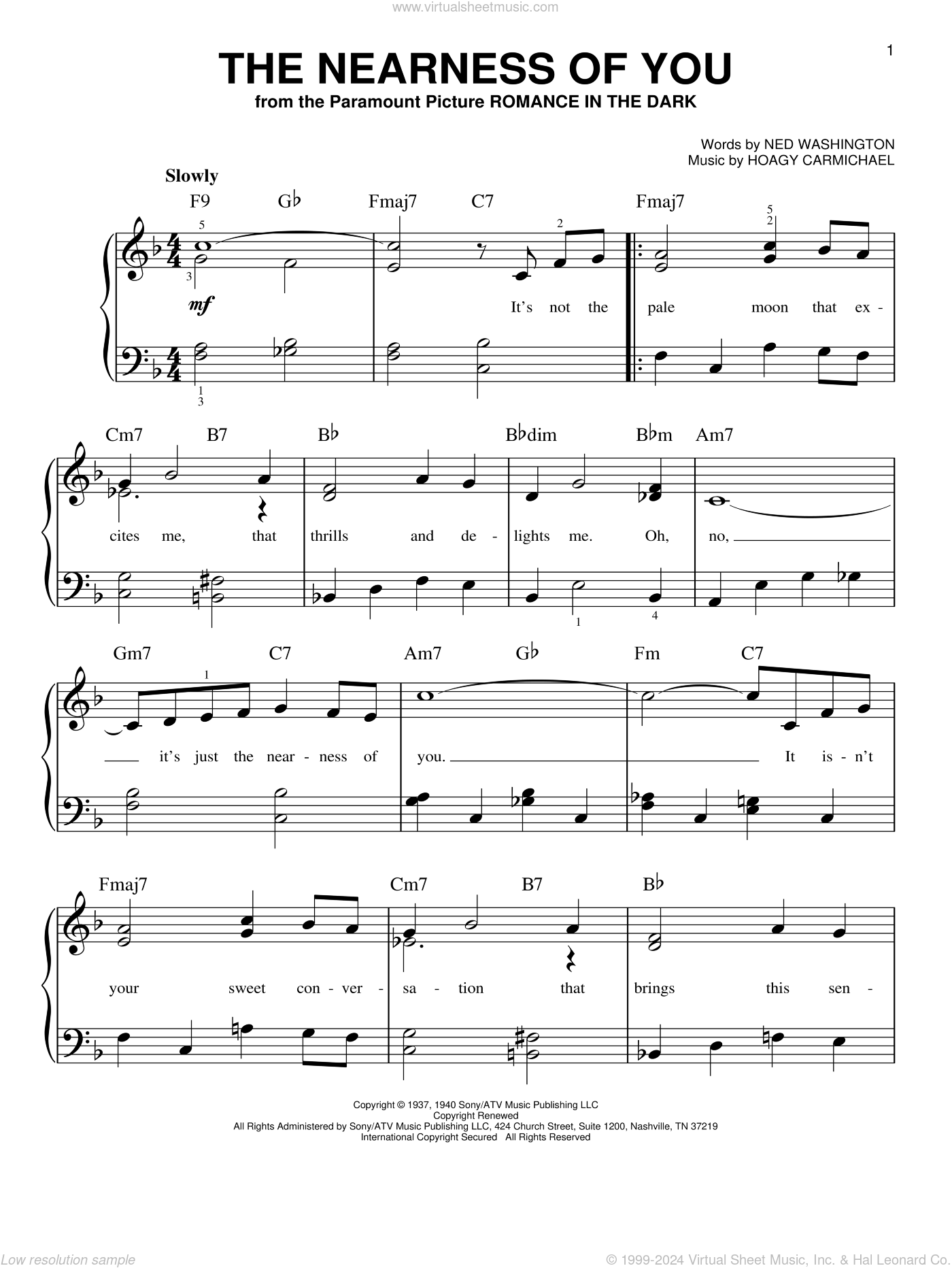 Carmichael - The Nearness Of You, (beginner) sheet music for piano solo