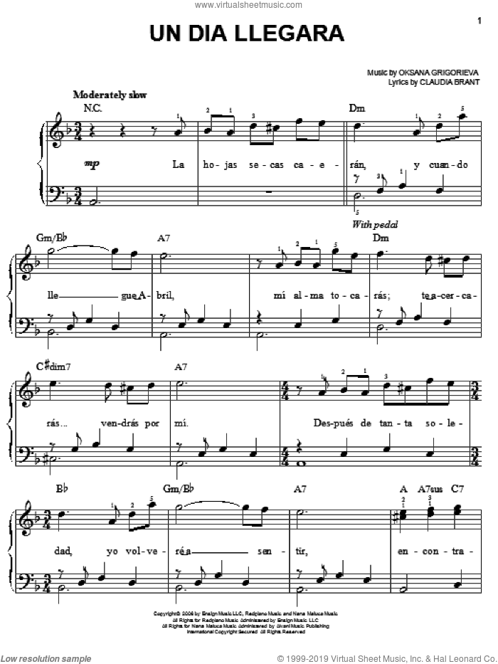 Un Dia Llegara sheet music for piano solo (PDF-interactive)