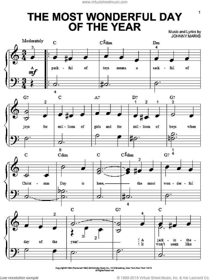 The Most Wonderful Day Of The Year sheet music for piano solo (big note ...