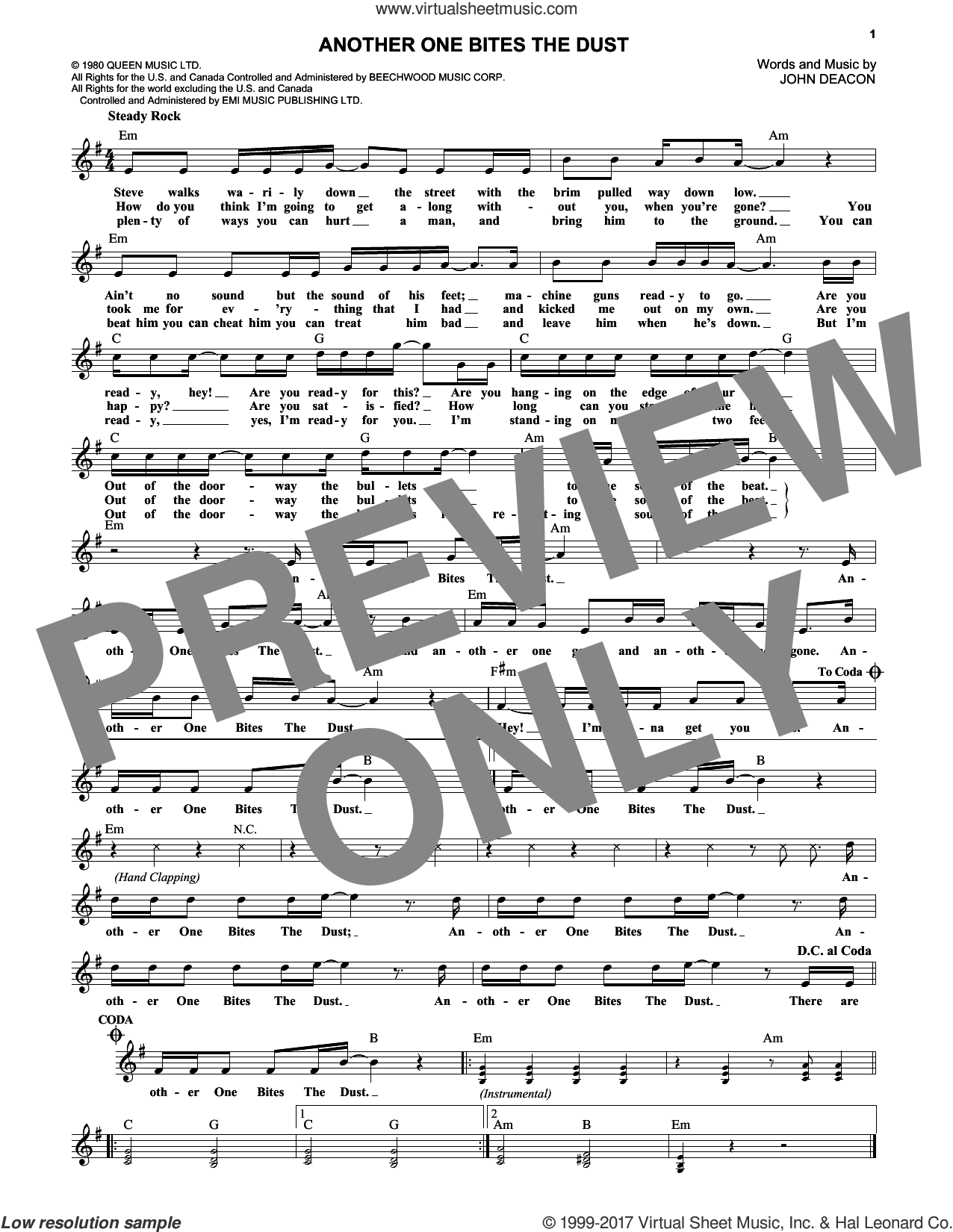 Queen Another One Bites the Dust Sheet Music in E Minor (transposable) -  Download & Print - SKU: MN0064174