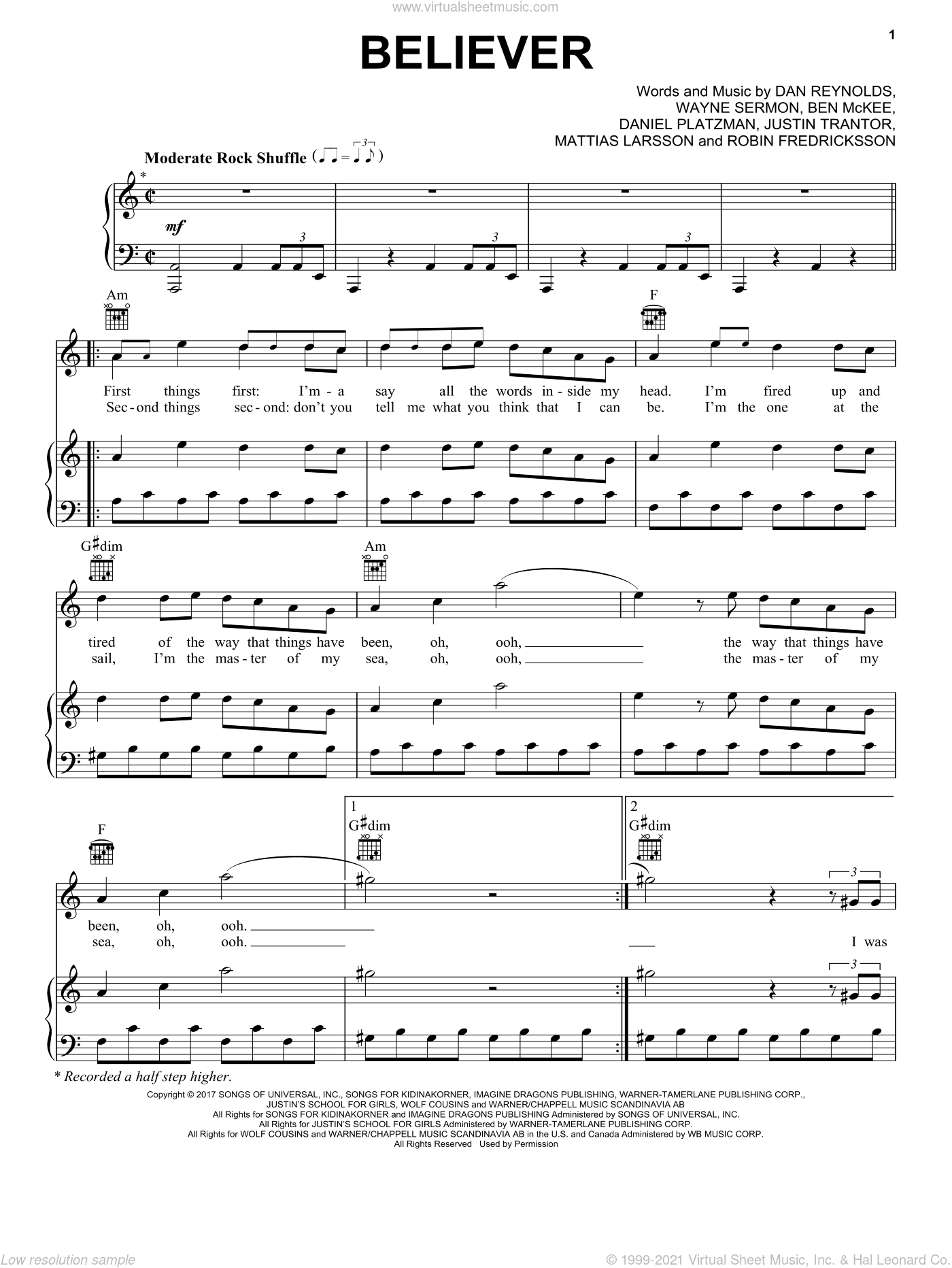 Dragons Believer Sheet Music For Voice Piano Or Guitar Pdf