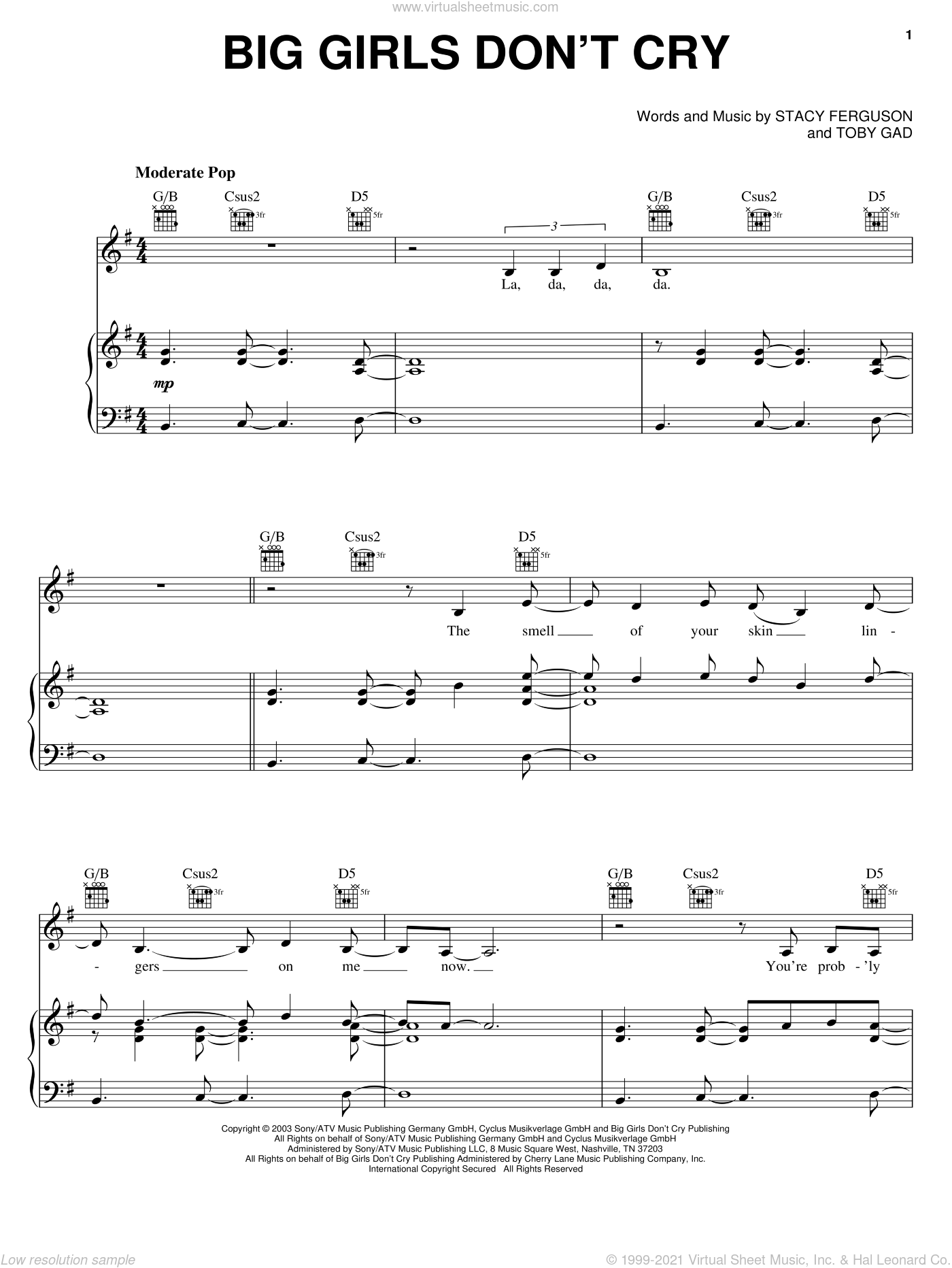 Fergie Big Girls Don T Cry Sheet Music For Voice Piano Or Guitar