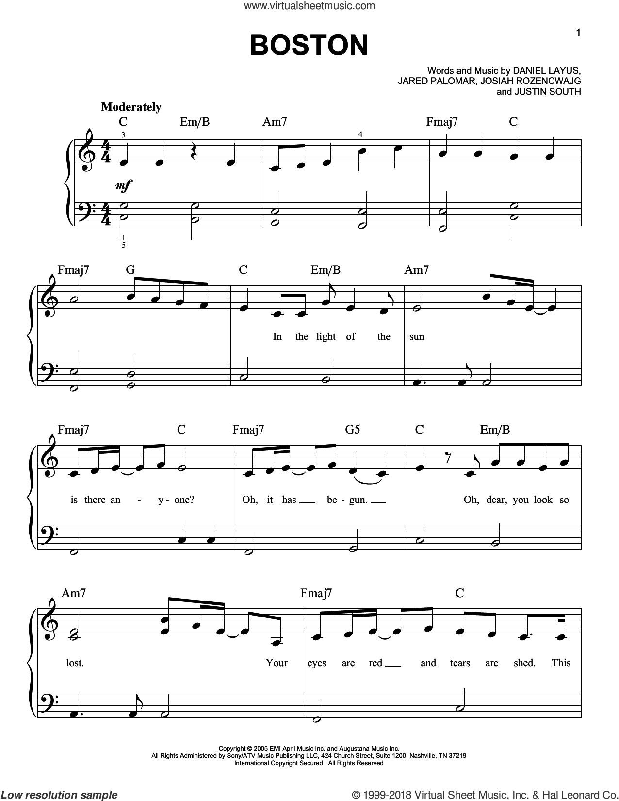 Boston sheet music (easy) for piano solo (PDF-interactive)