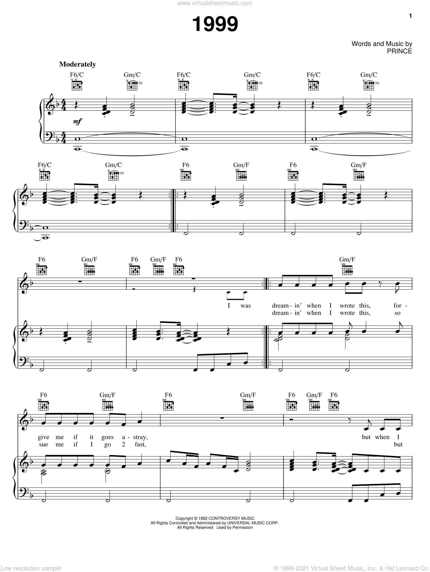 Free sheet music preview of 1999 for voice, piano or guitar by Prince.