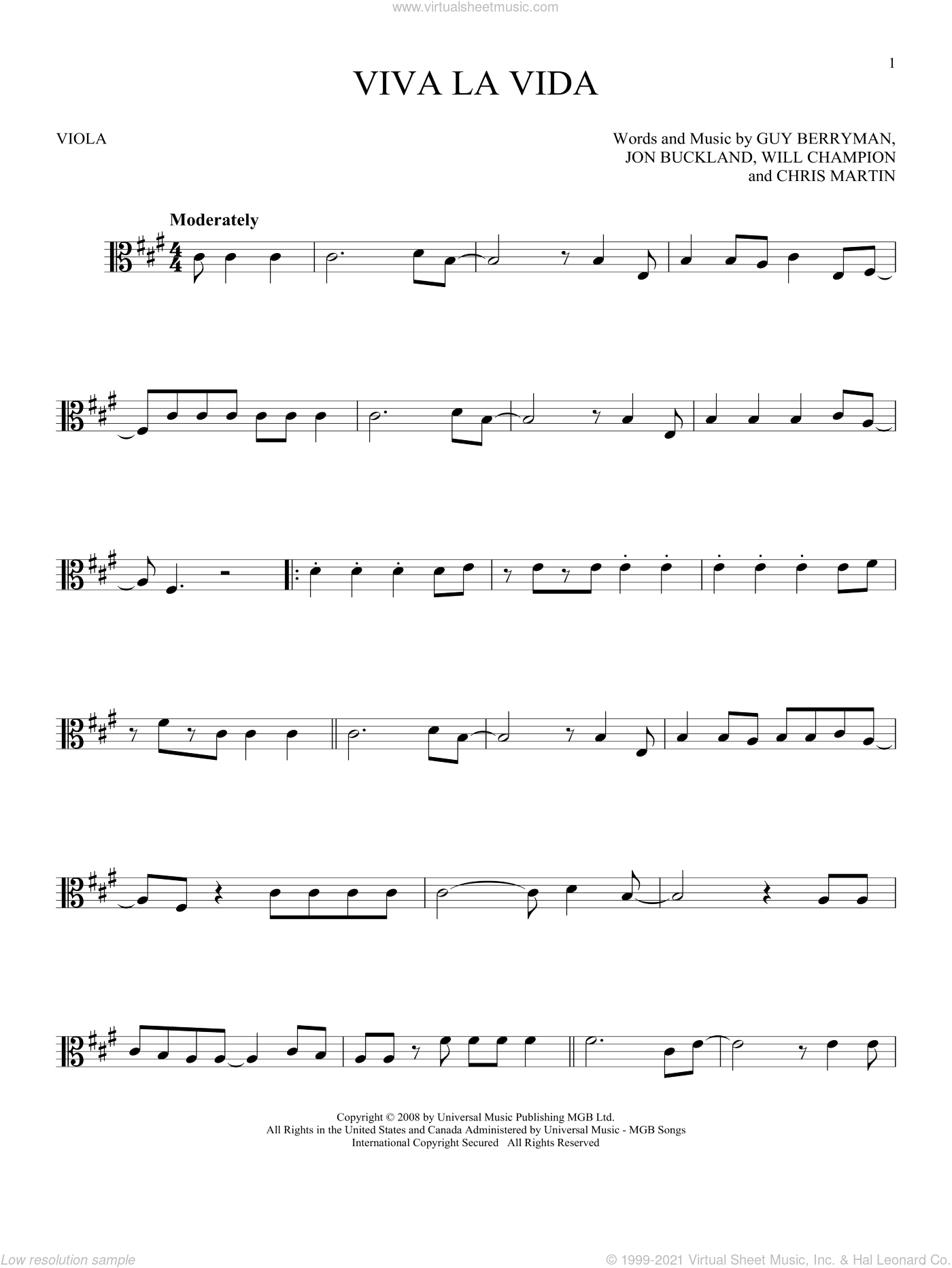 Viva La Vida sheet music for viola solo (PDF-interactive)