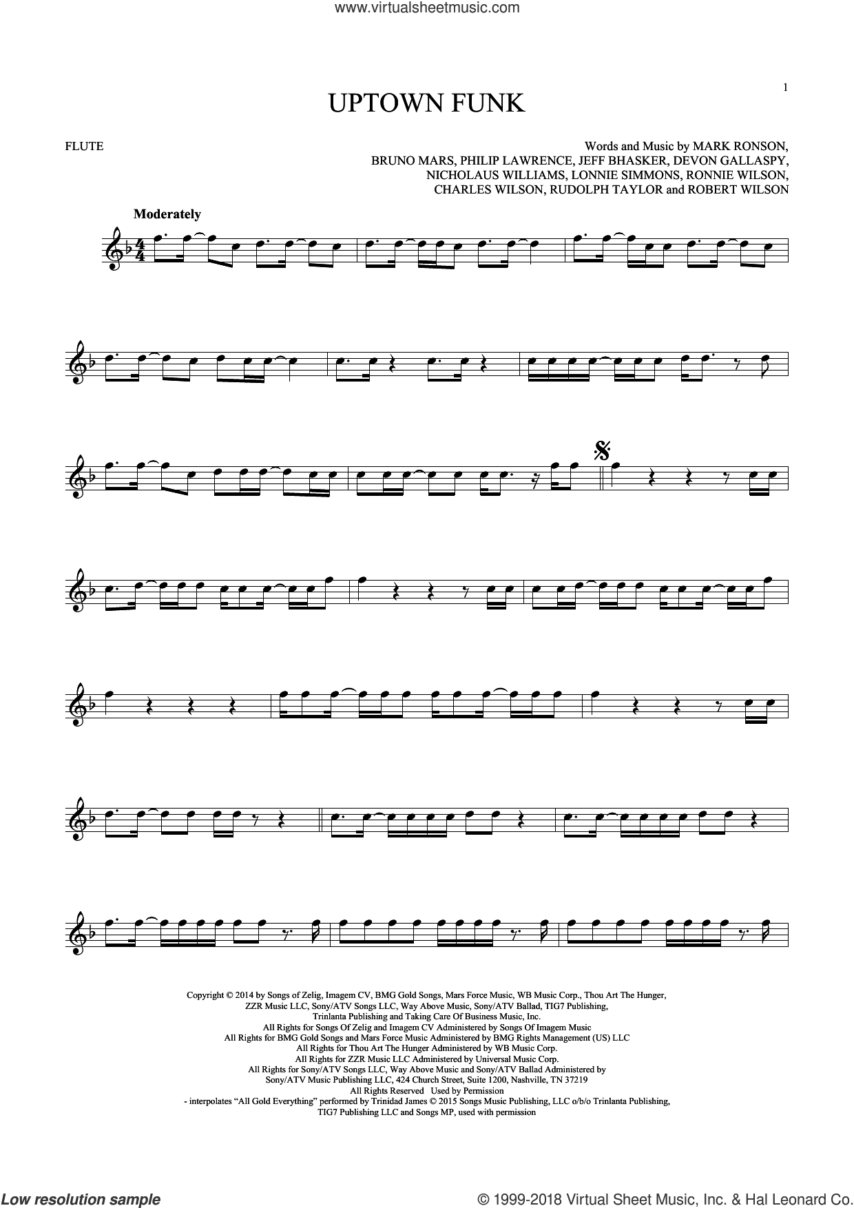 Ronson Uptown Funk Feat Bruno Mars Sheet Music For Flute Solo