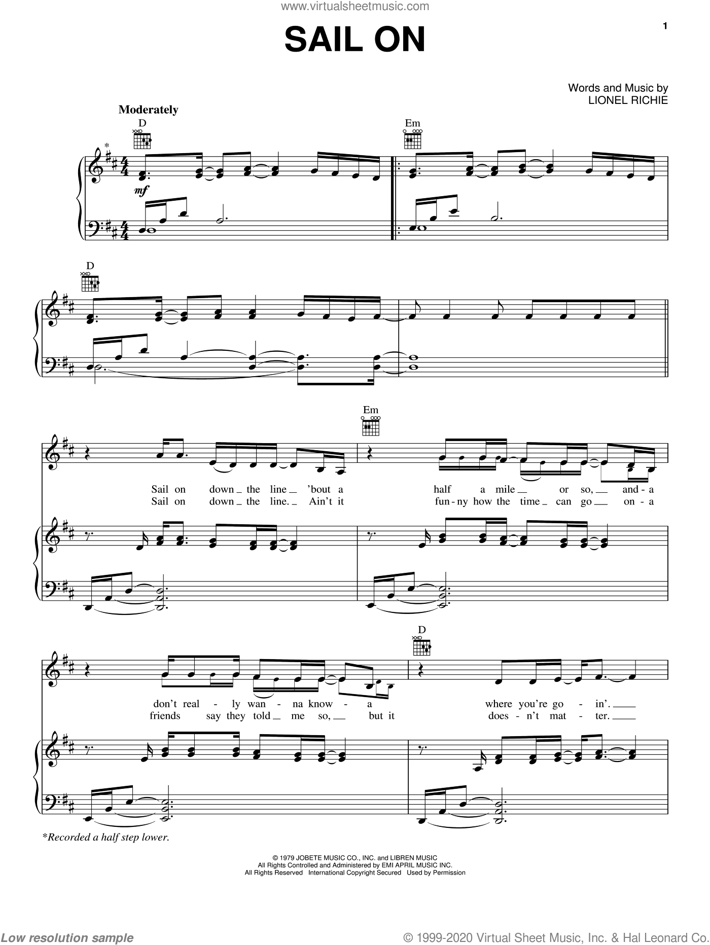 - Sail On sheet music for voice, piano or guitar (PDF)