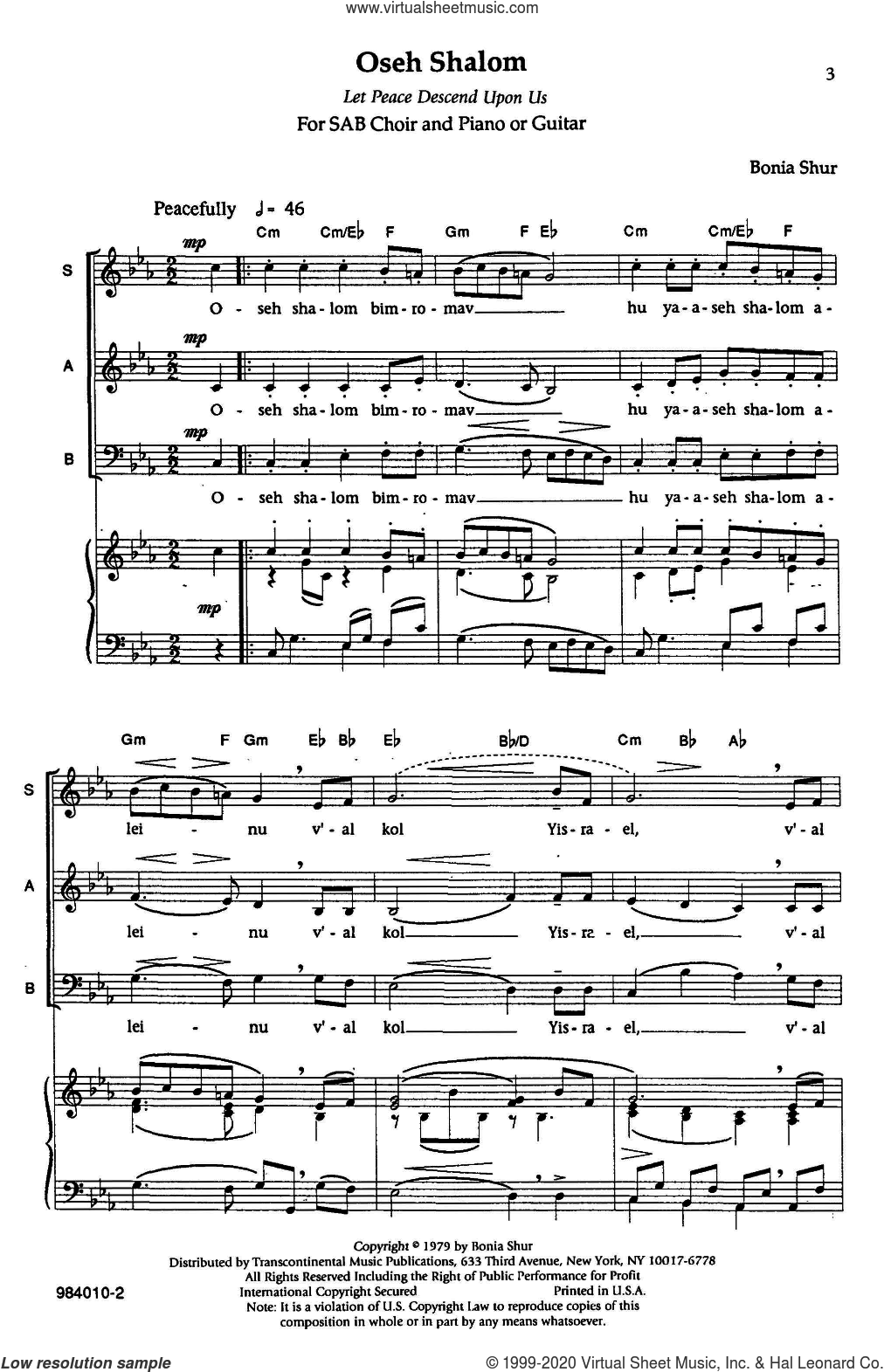 Shur Oseh Shalom Sheet Music For Choir Sab Soprano Alto Bass