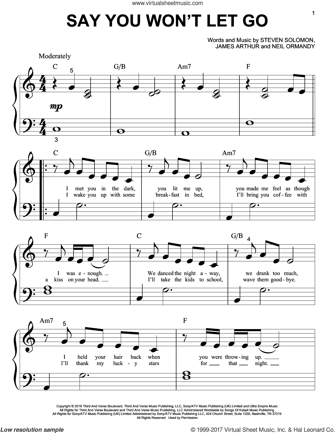 Arthur - Say You Won't Let Go sheet music for piano solo (big note book)