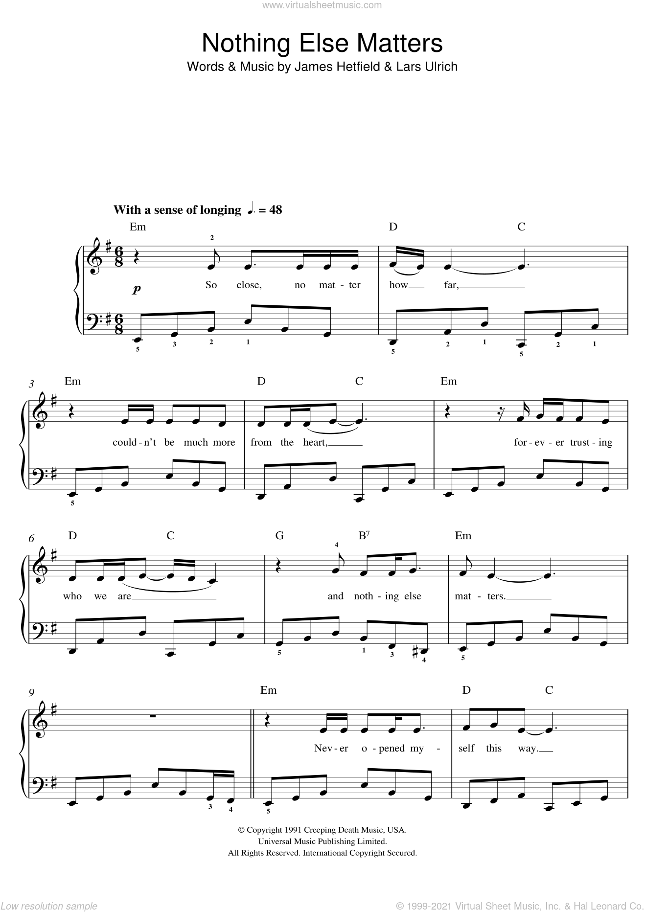 Metallica - Nothing Else Matters sheet music for piano solo (beginners)