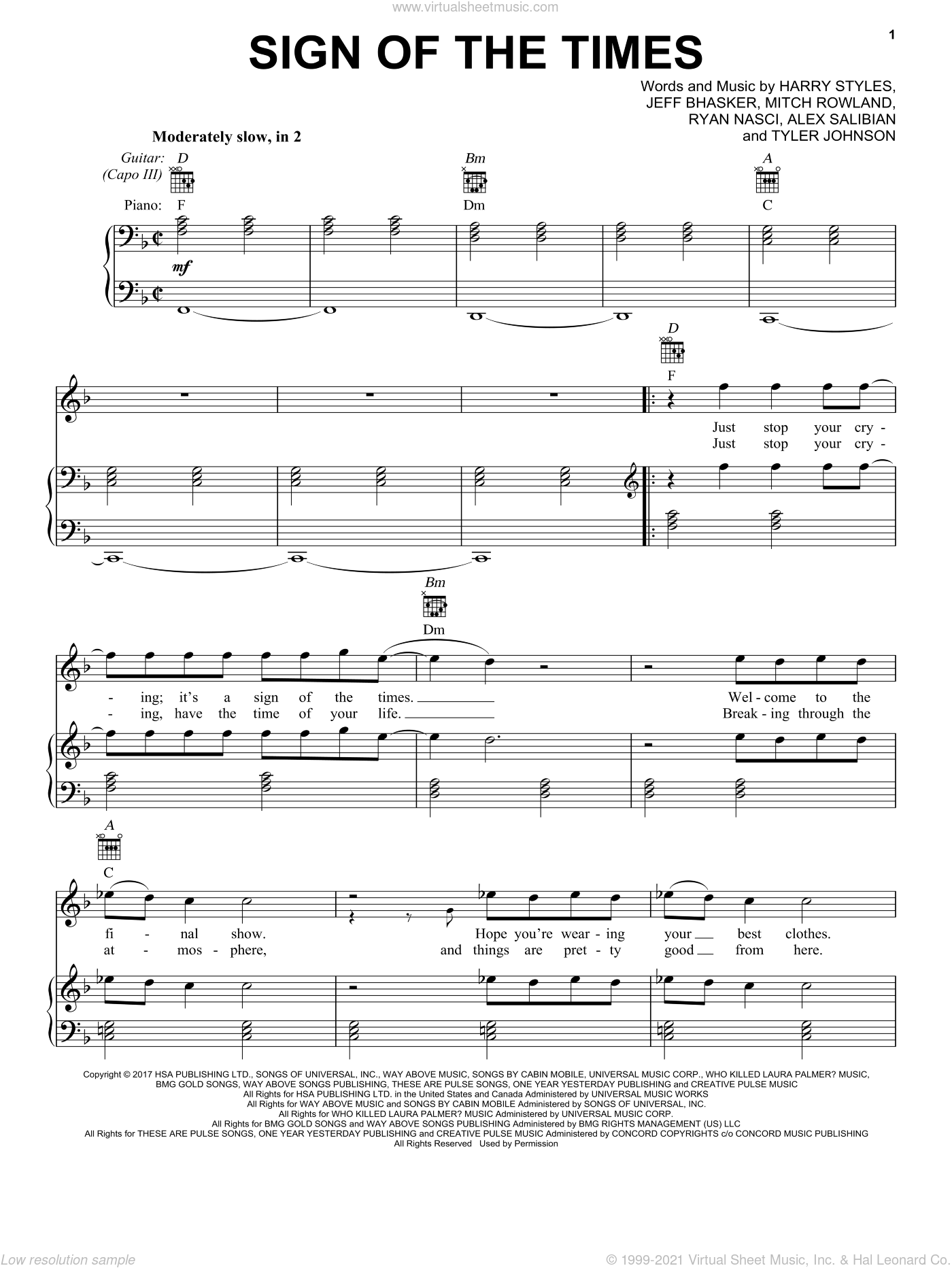 Styles - Sign Of The Times sheet music for voice, piano or guitar
