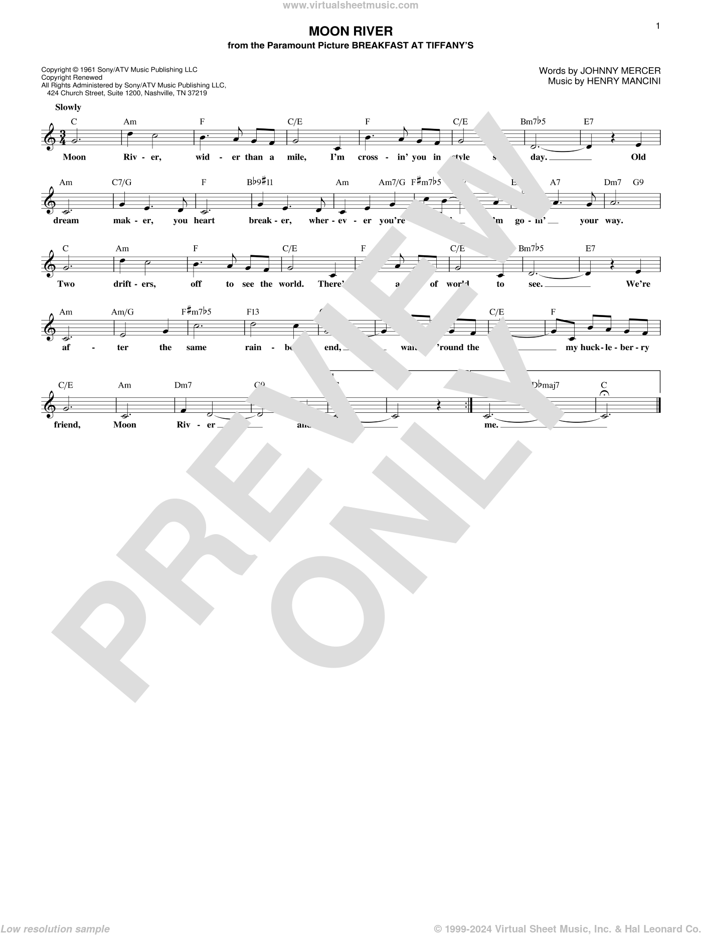 Moon River sheet music (fake book) (PDF-interactive)