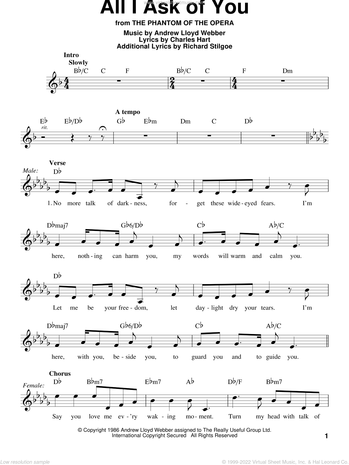 Webber All I Ask Of You From The Phantom Of The Opera Sheet Music For Voice Solo