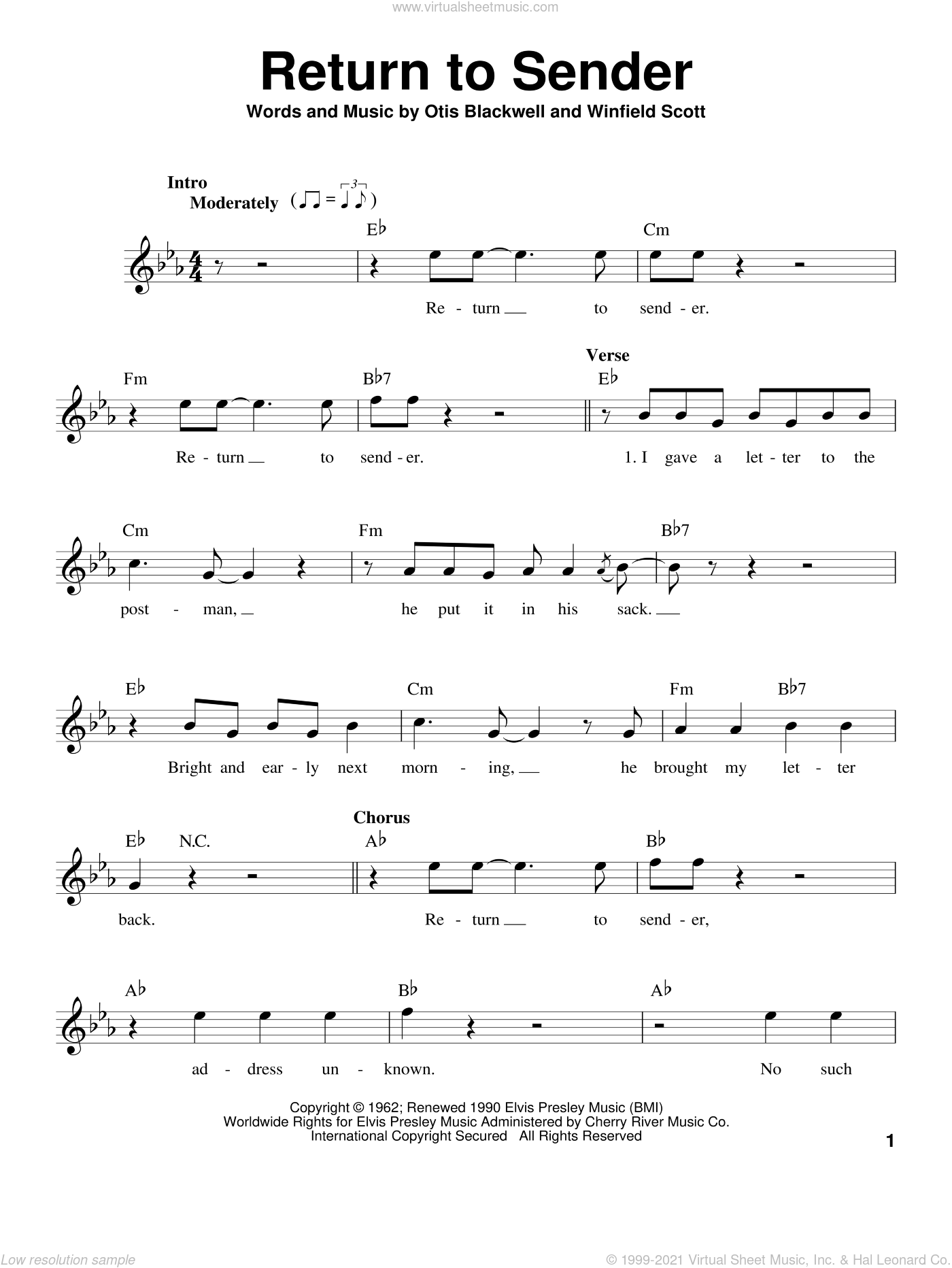 Return To Sender sheet music for voice solo (PDF)